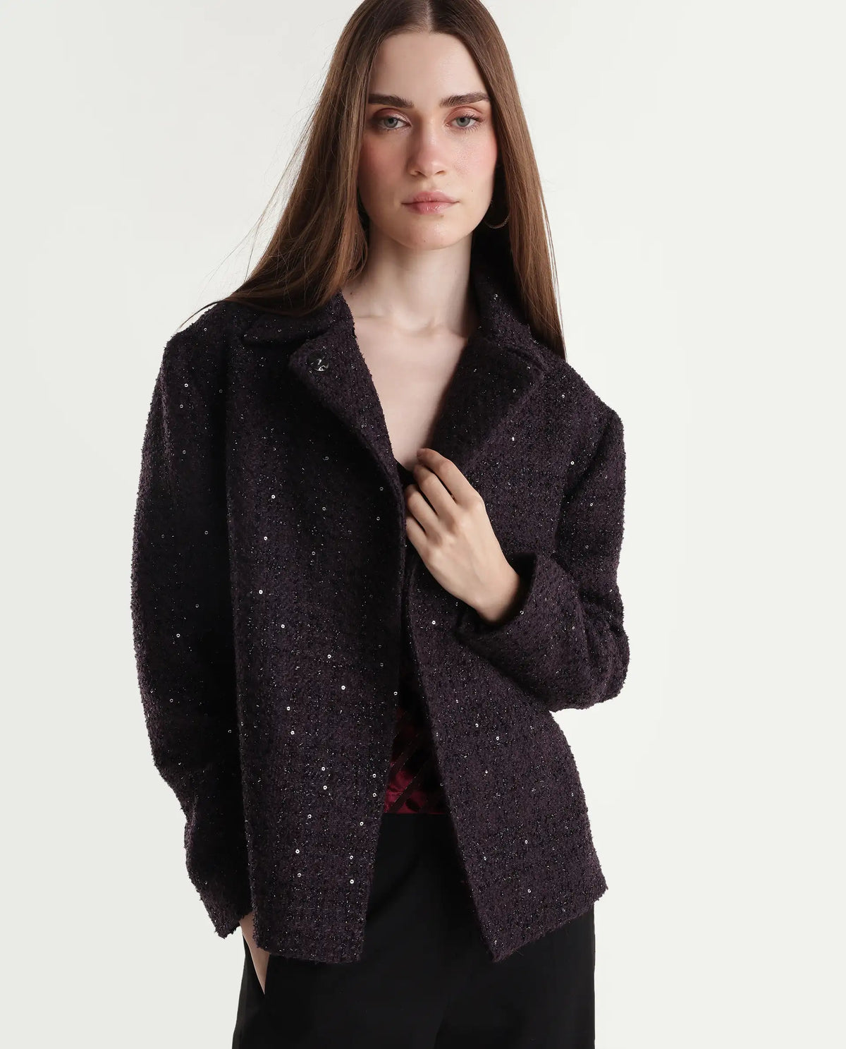 Rareism Womens Kinto Dark Purple Polyester Blend Spread Collar Regular Jacket