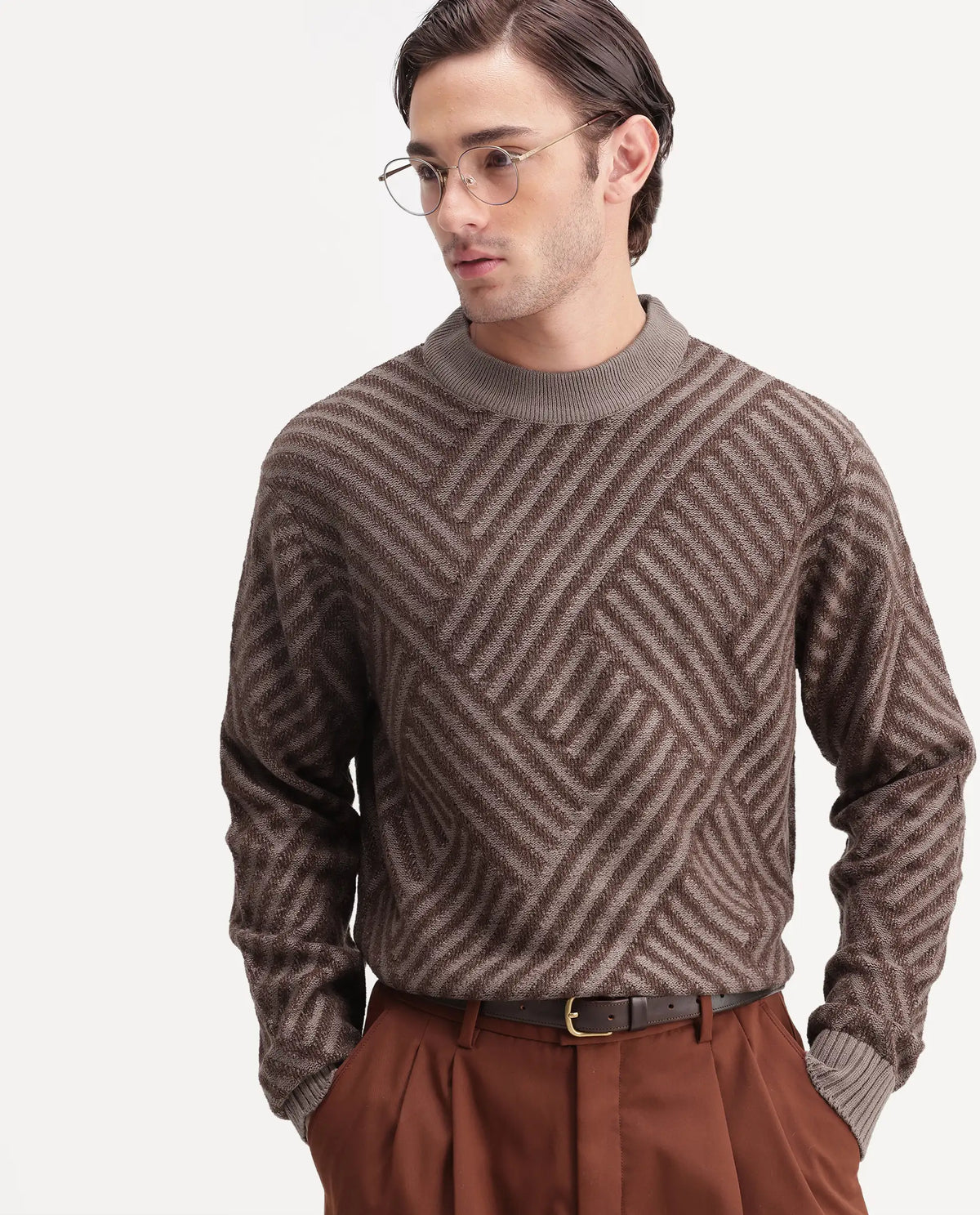 Rare Rabbit Mens Zirl Dusky Brown Acrylic Pull-On Regular Jacquard Sweater