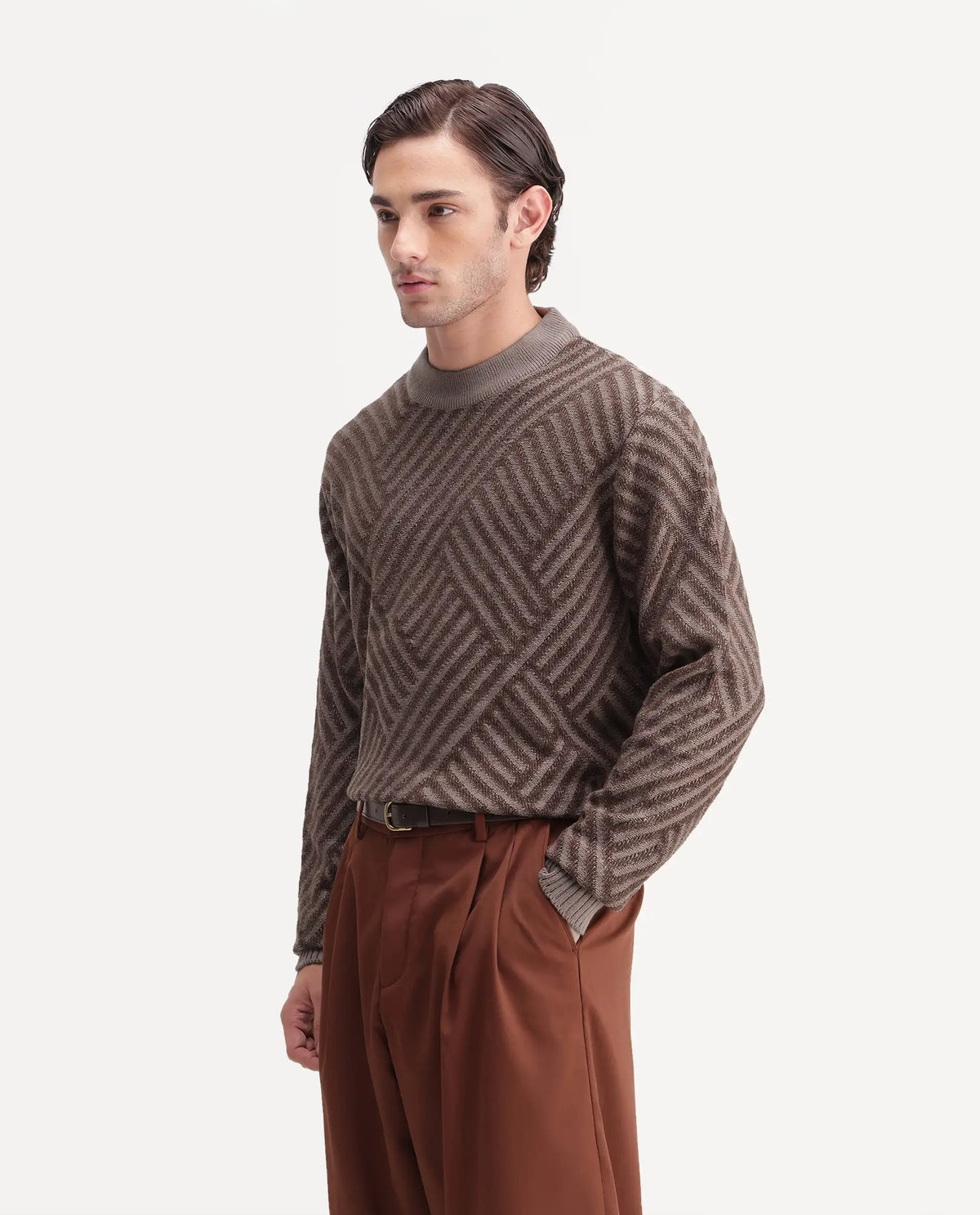 Rare Rabbit Mens Zirl Dusky Brown Acrylic Pull-On Regular Jacquard Sweater