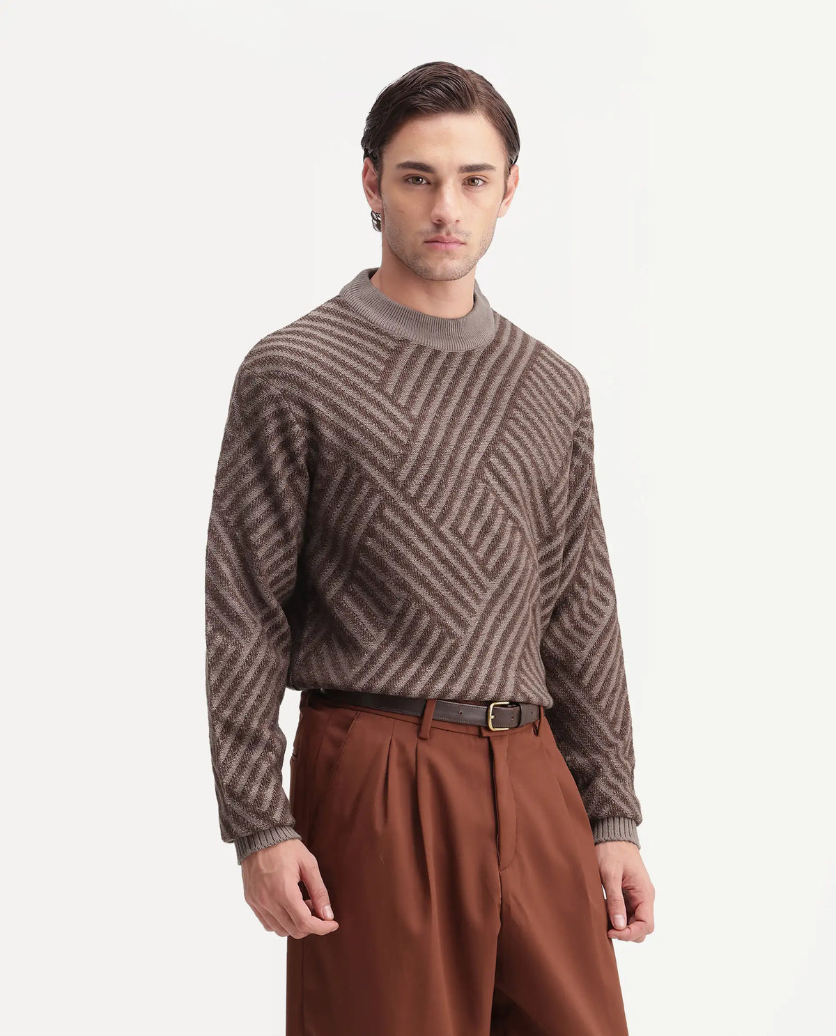 Rare Rabbit Mens Zirl Dusky Brown Acrylic Pull-On Regular Jacquard Sweater