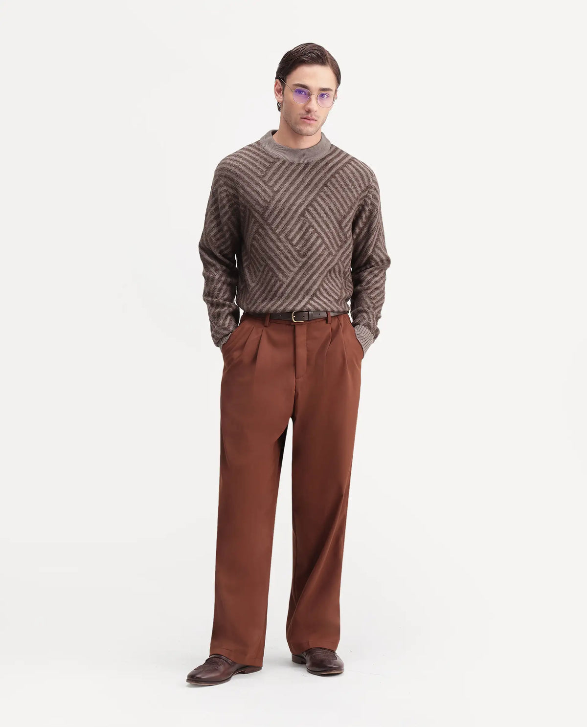 Rare Rabbit Mens Zirl Dusky Brown Acrylic Pull-On Regular Jacquard Sweater