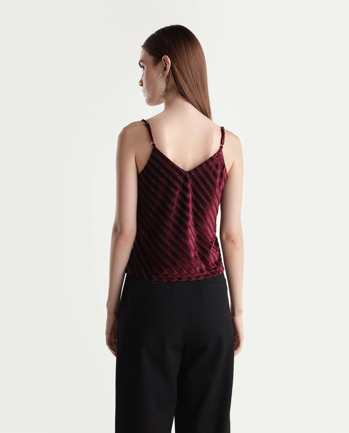 Rareism Womens Xaloni-T Dark Maroon Polyester Blend V-Neck Regular Striped Top