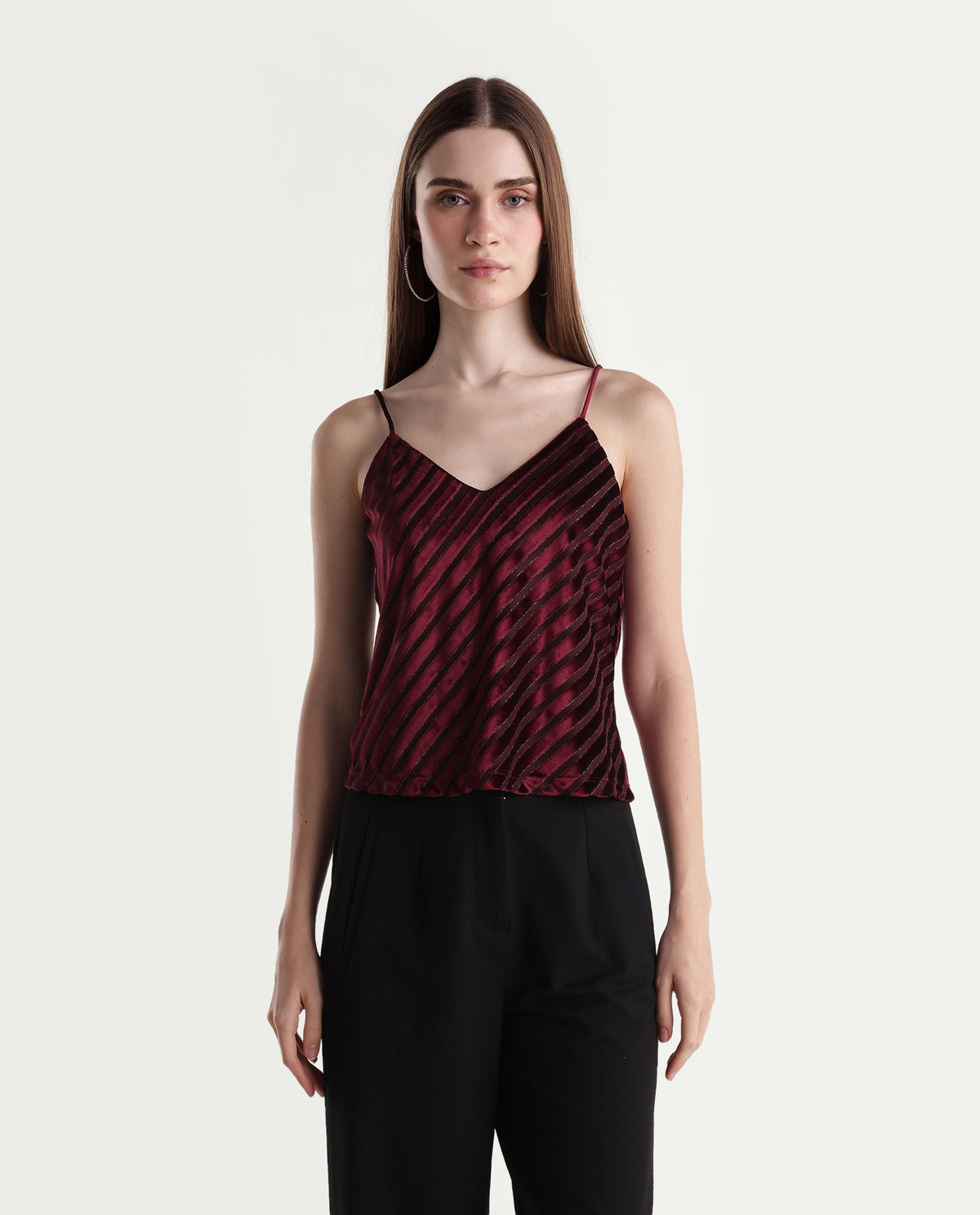 Rareism Womens Xaloni-T Dark Maroon Polyester Blend V-Neck Regular Striped Top