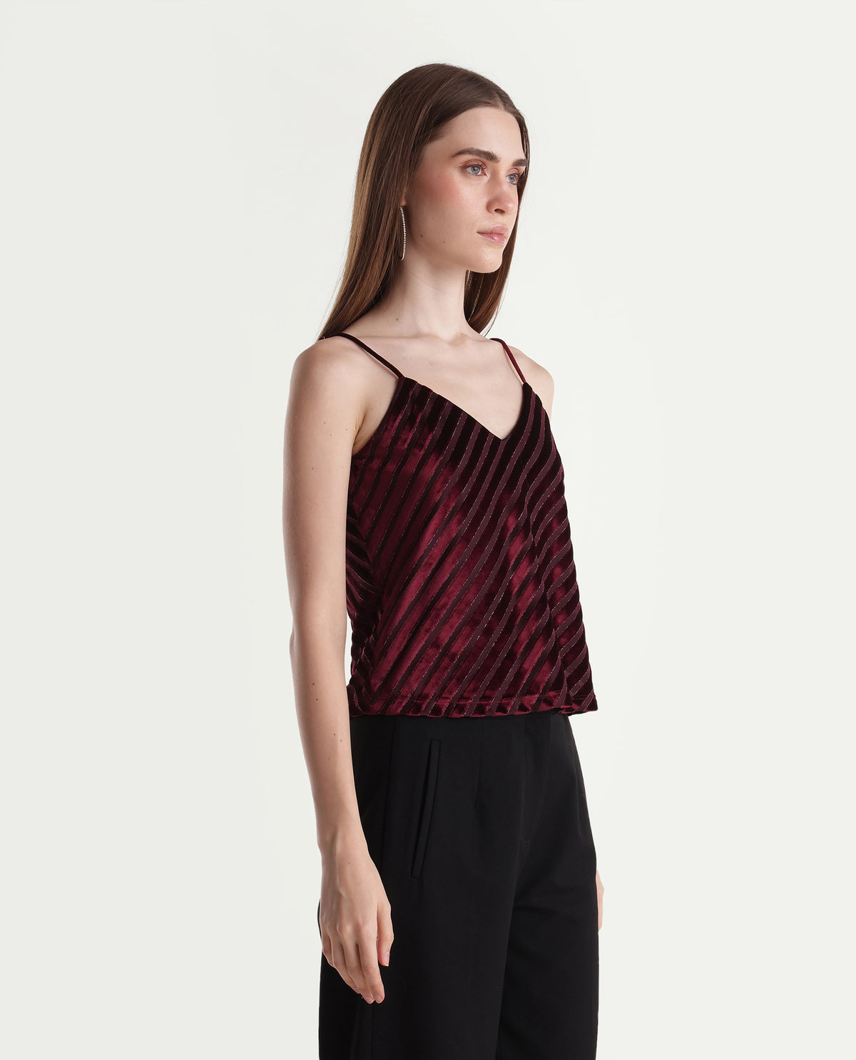 Rareism Womens Xaloni-T Dark Maroon Polyester Blend V-Neck Regular Striped Top