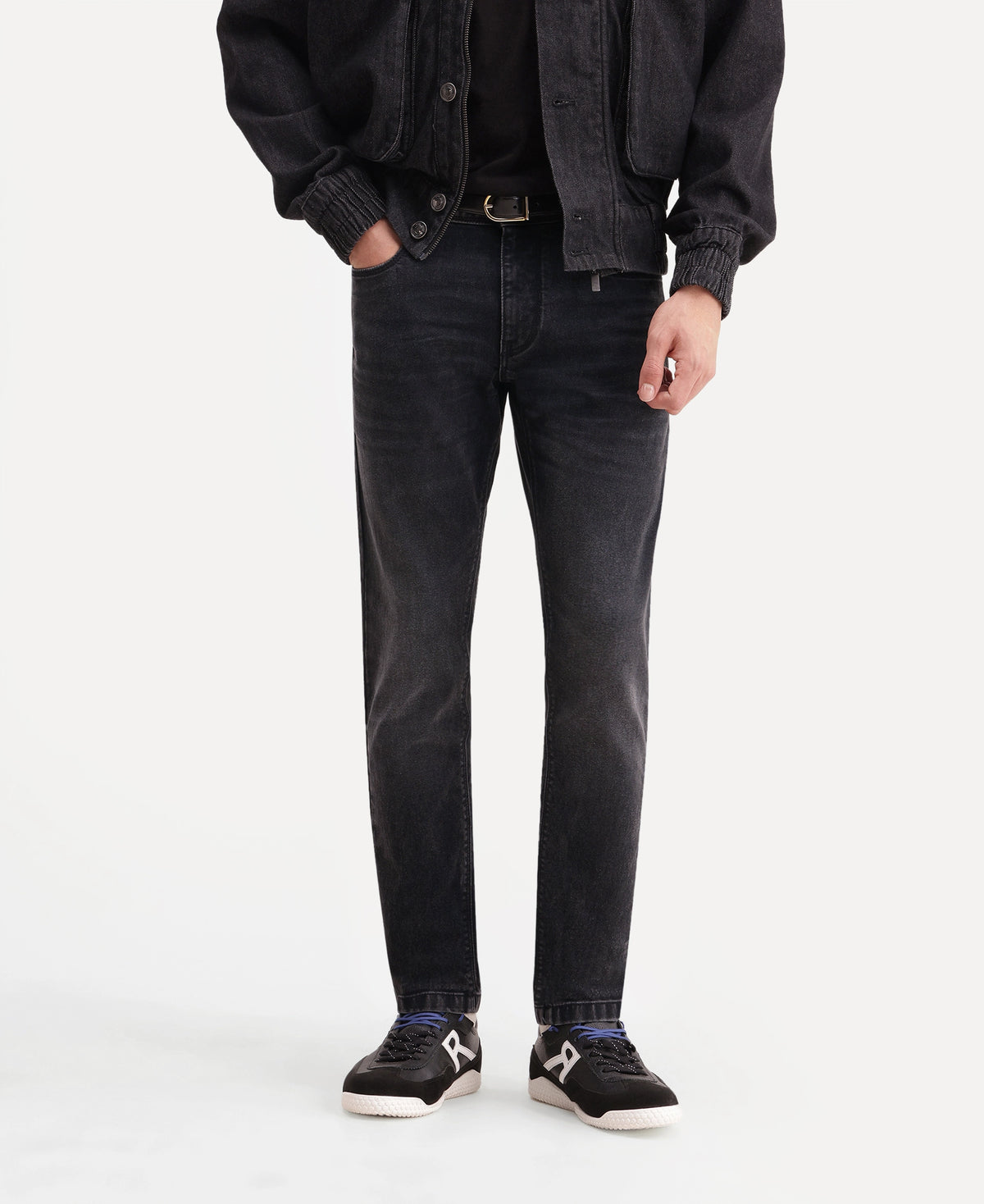 Rare Rabbit Men Divi-26 Dark Grey Cotton Blend Hawk Slim Plain Jeans