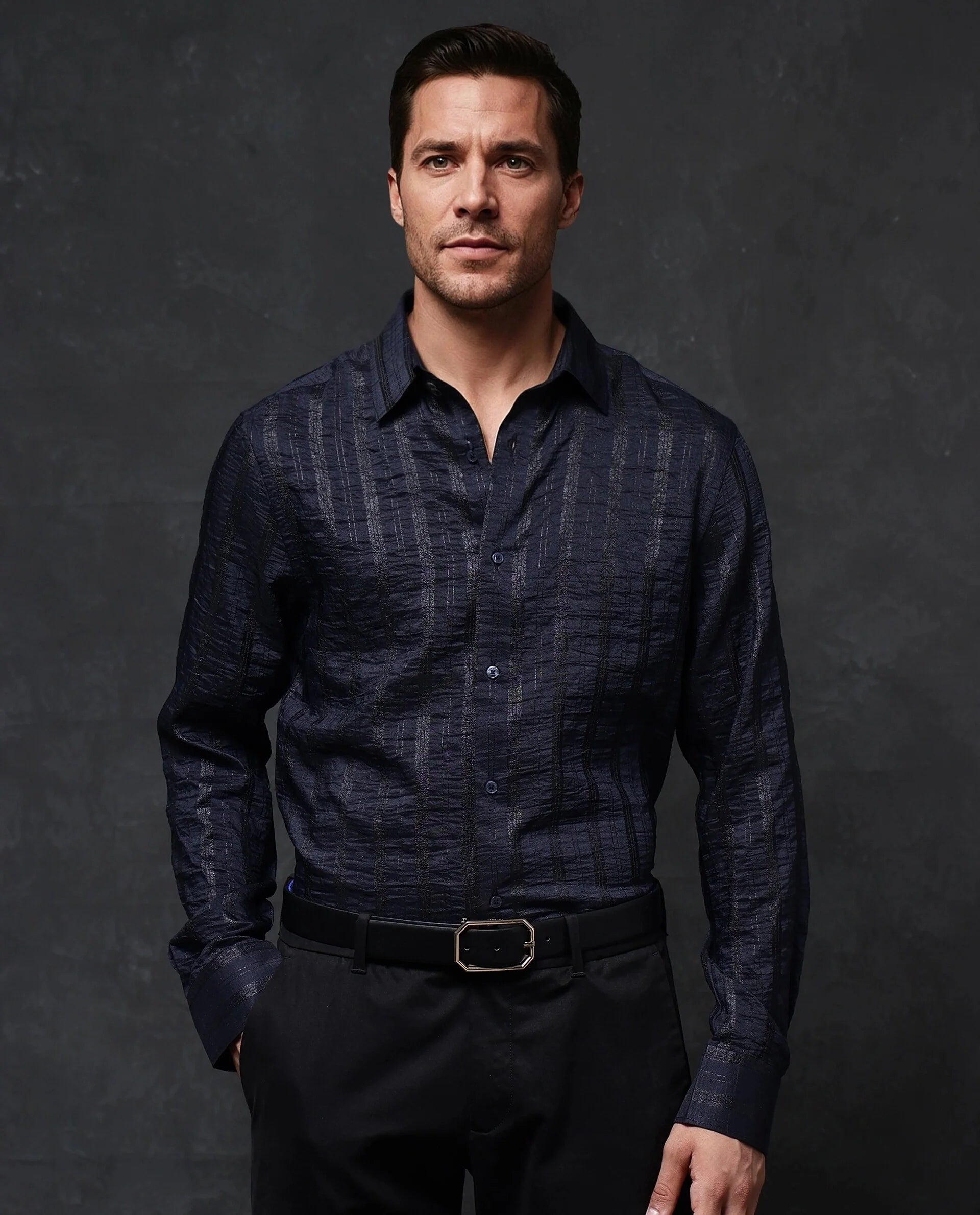 Rare Rabbit Men Runek-2 Dark Navy Full Sleeve Premium Regular Fit Lurex Stripe Shirt