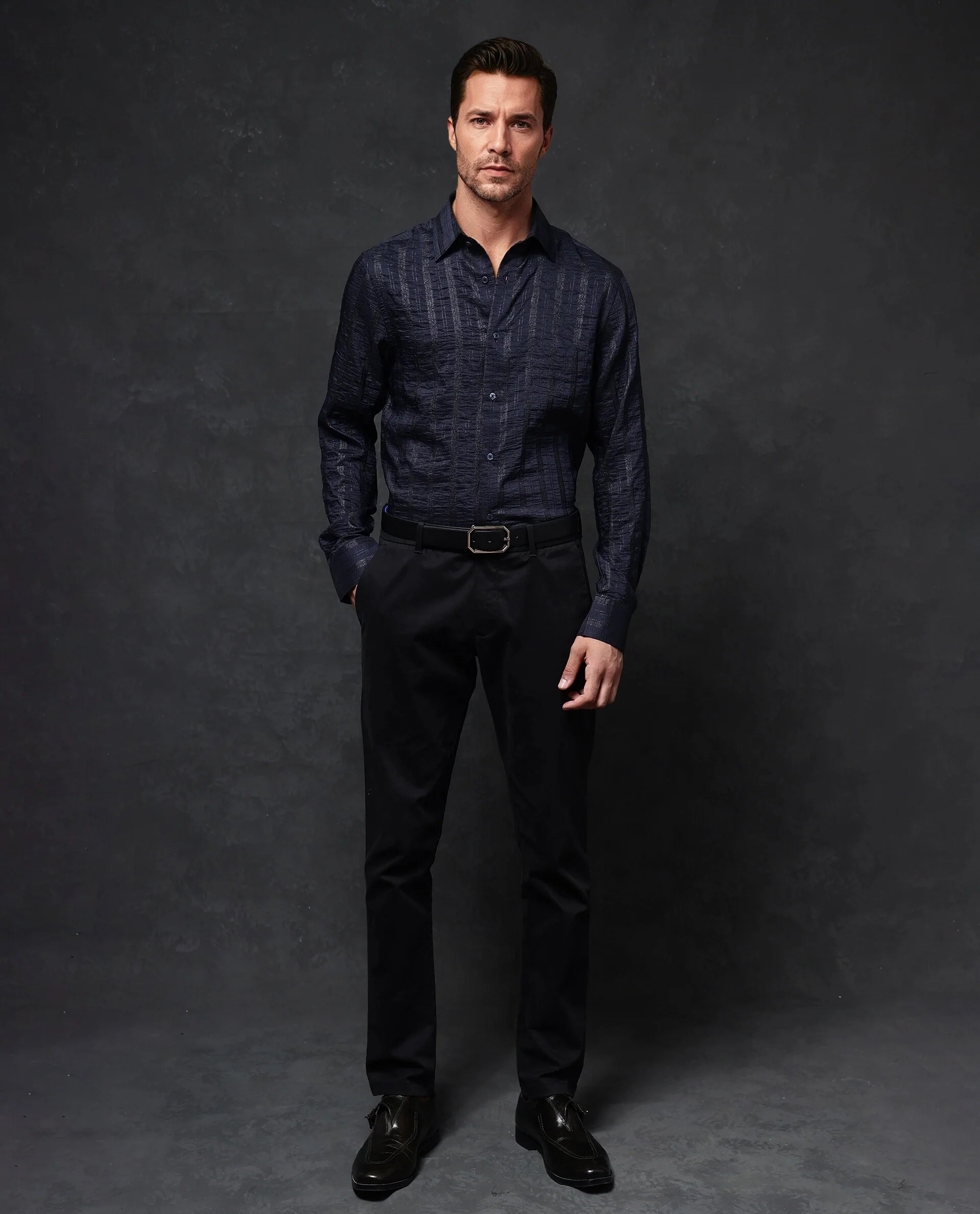 Rare Rabbit Men Runek-2 Dark Navy Full Sleeve Premium Regular Fit Lurex Stripe Shirt