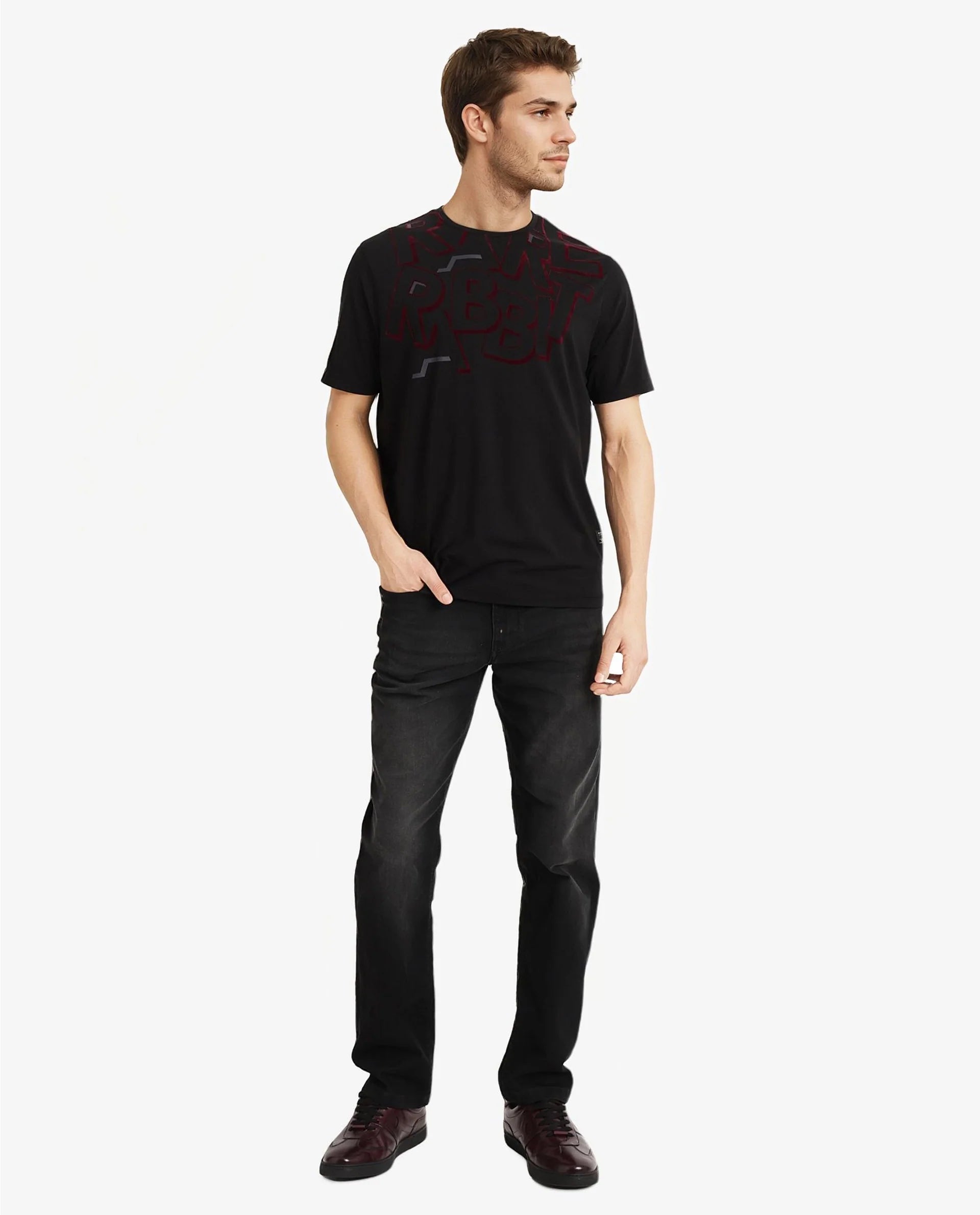 Rare Rabbit Men Runi Black Cotton Lycra Fabric Short Sleeve Crew Neck Regular Fit Graphic Flock Print T-Shirt