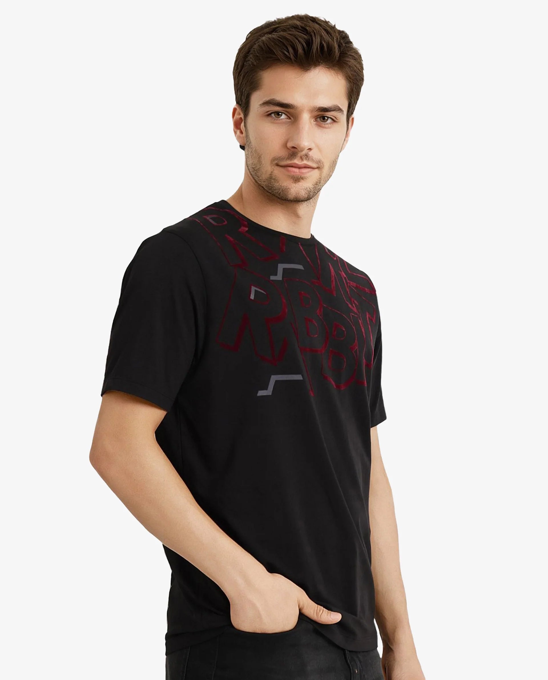 Rare Rabbit Men Runi Black Cotton Lycra Fabric Short Sleeve Crew Neck Regular Fit Graphic Flock Print T-Shirt