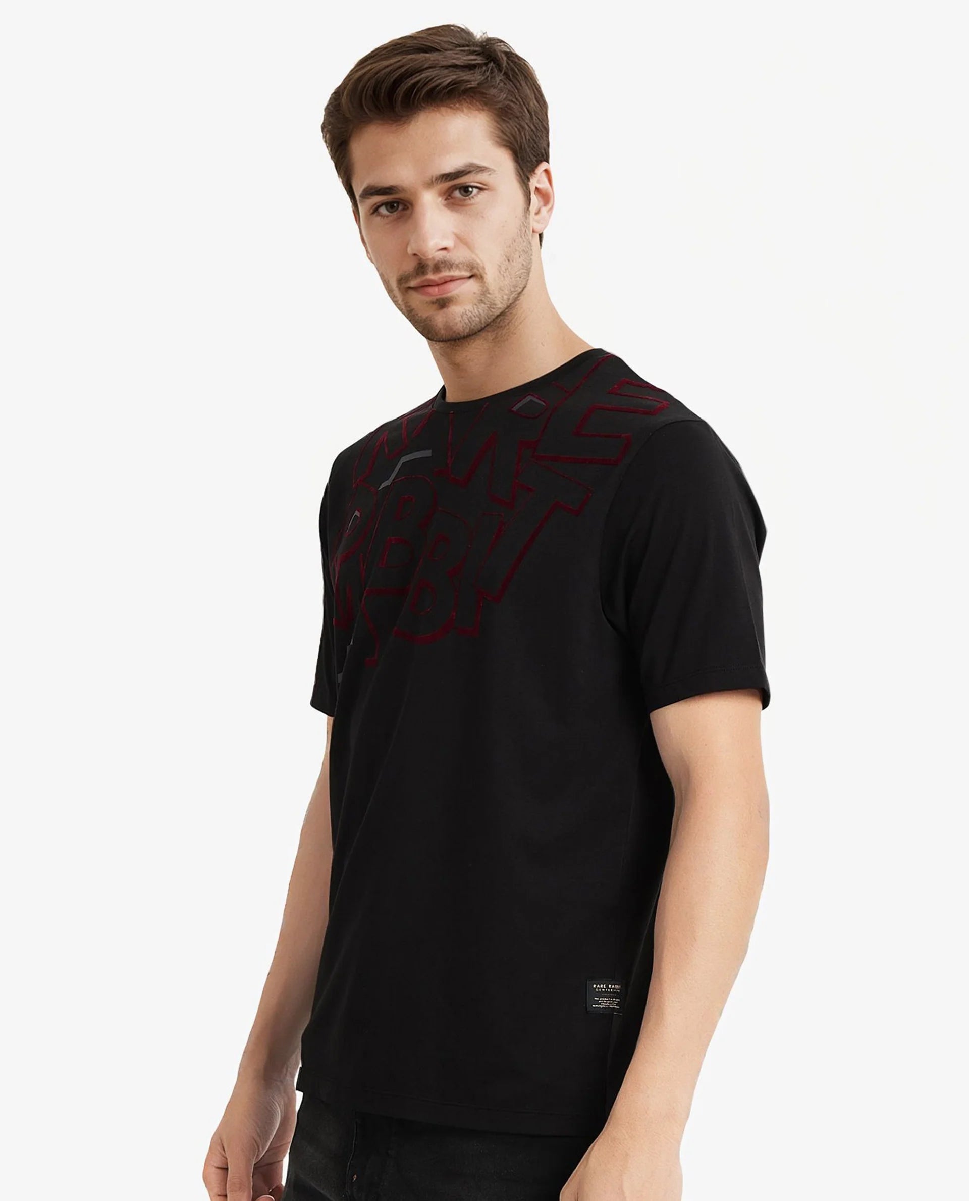 Rare Rabbit Men Runi Black Cotton Lycra Fabric Short Sleeve Crew Neck Regular Fit Graphic Flock Print T-Shirt