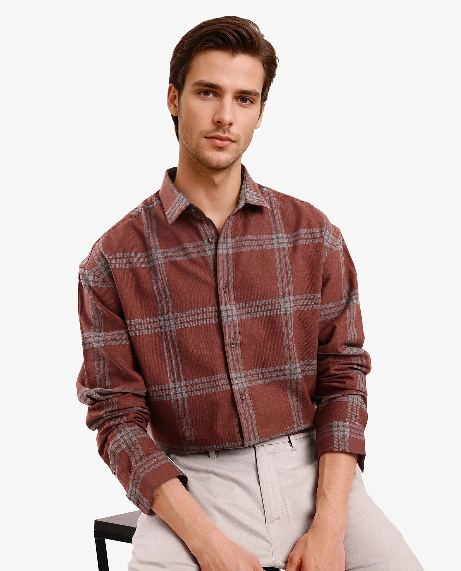 Rare Rabbit Men Russ Dark Brown Full Sleeve Regular Collar Button Closure Regular Fit Checks Shirt