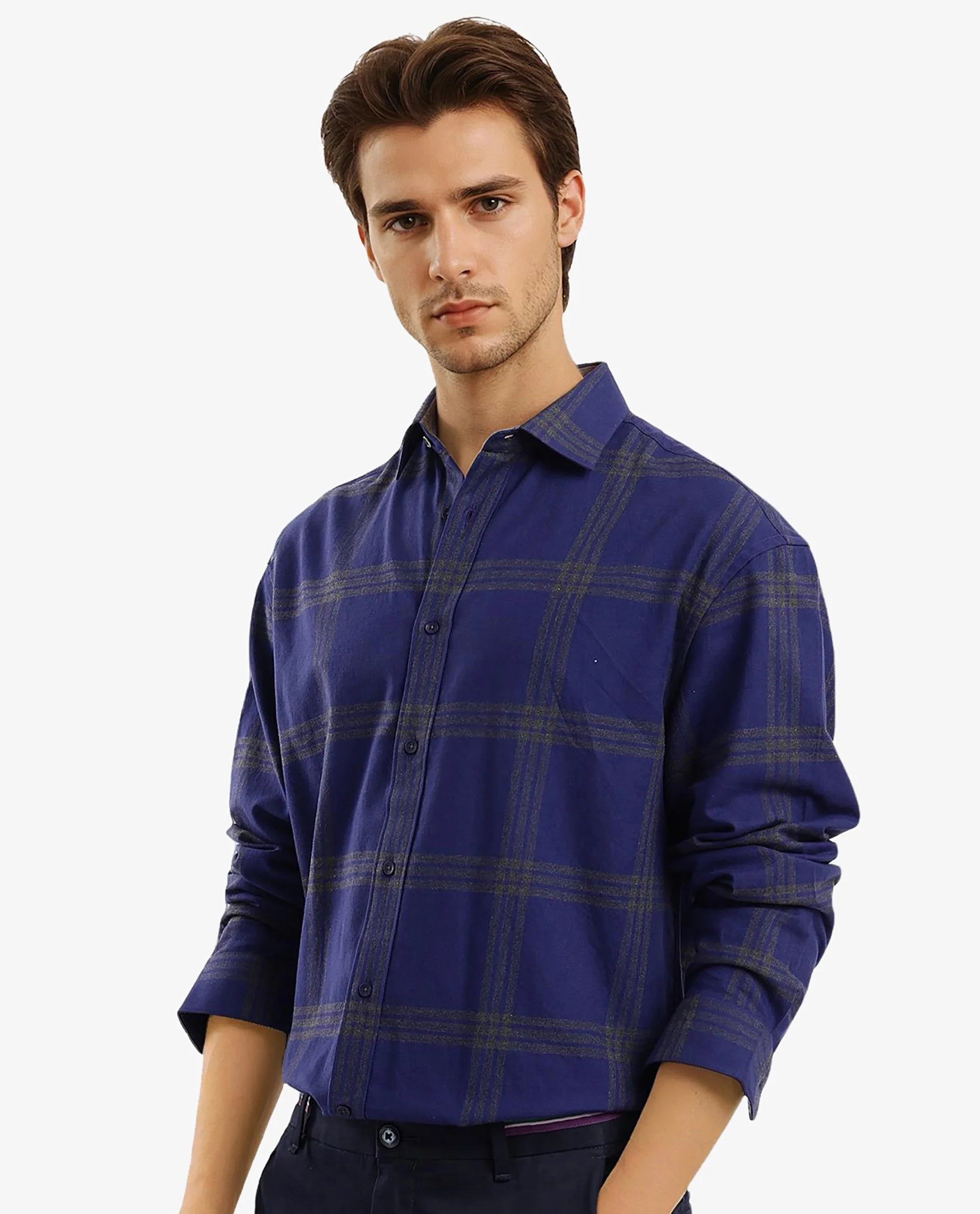 Rare Rabbit Men Russ Dark Blue Full Sleeve Regular Collar Button Closure Regular Fit Checks Shirt