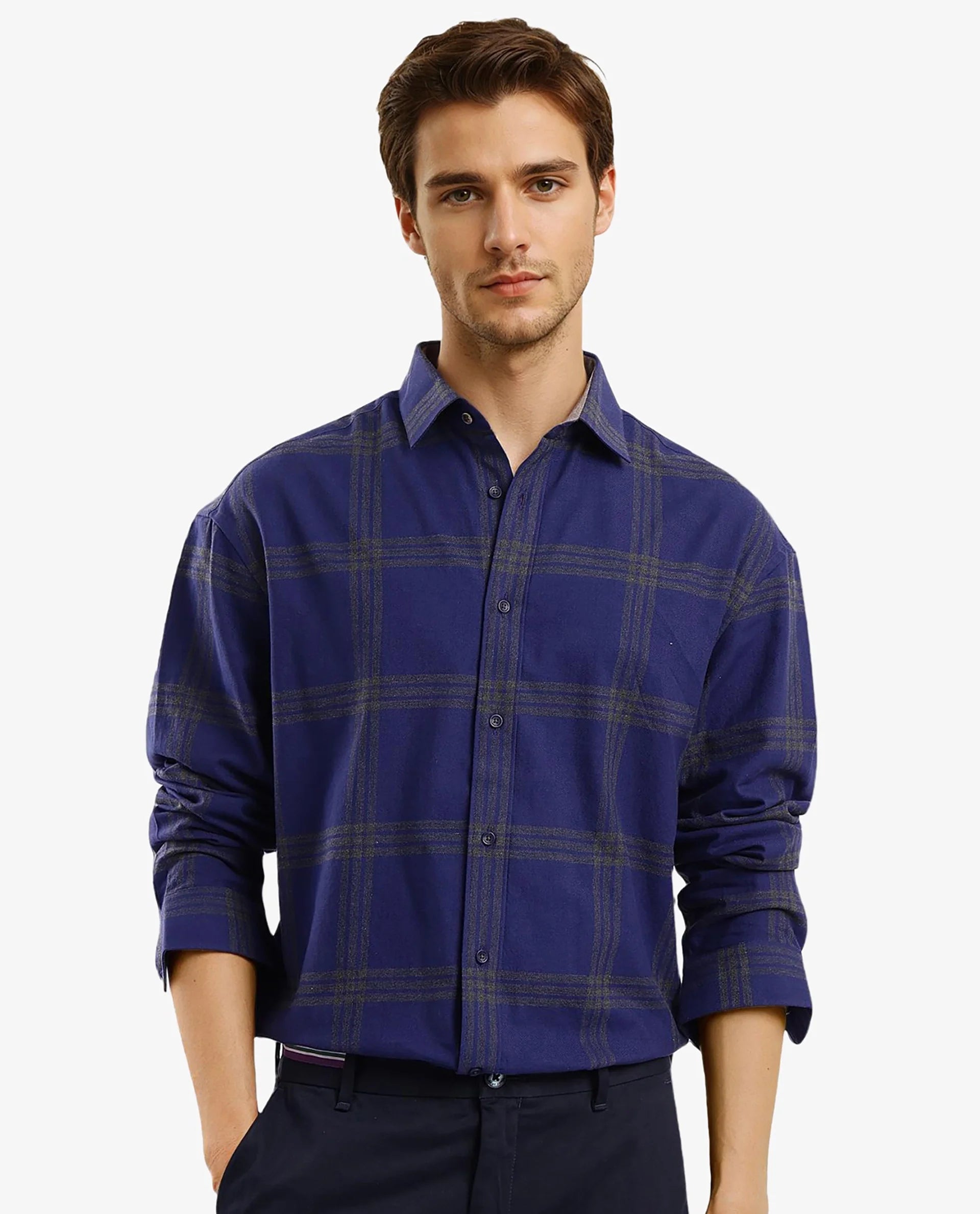 Rare Rabbit Men Russ Dark Blue Full Sleeve Regular Collar Button Closure Regular Fit Checks Shirt