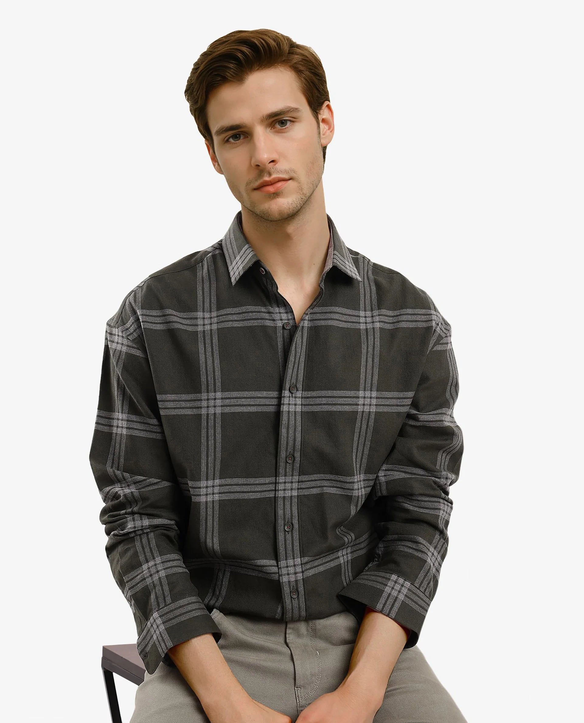 Rare Rabbit Men Russ Dark Green Full Sleeve Regular Collar Button Closure Regular Fit Checks Shirt