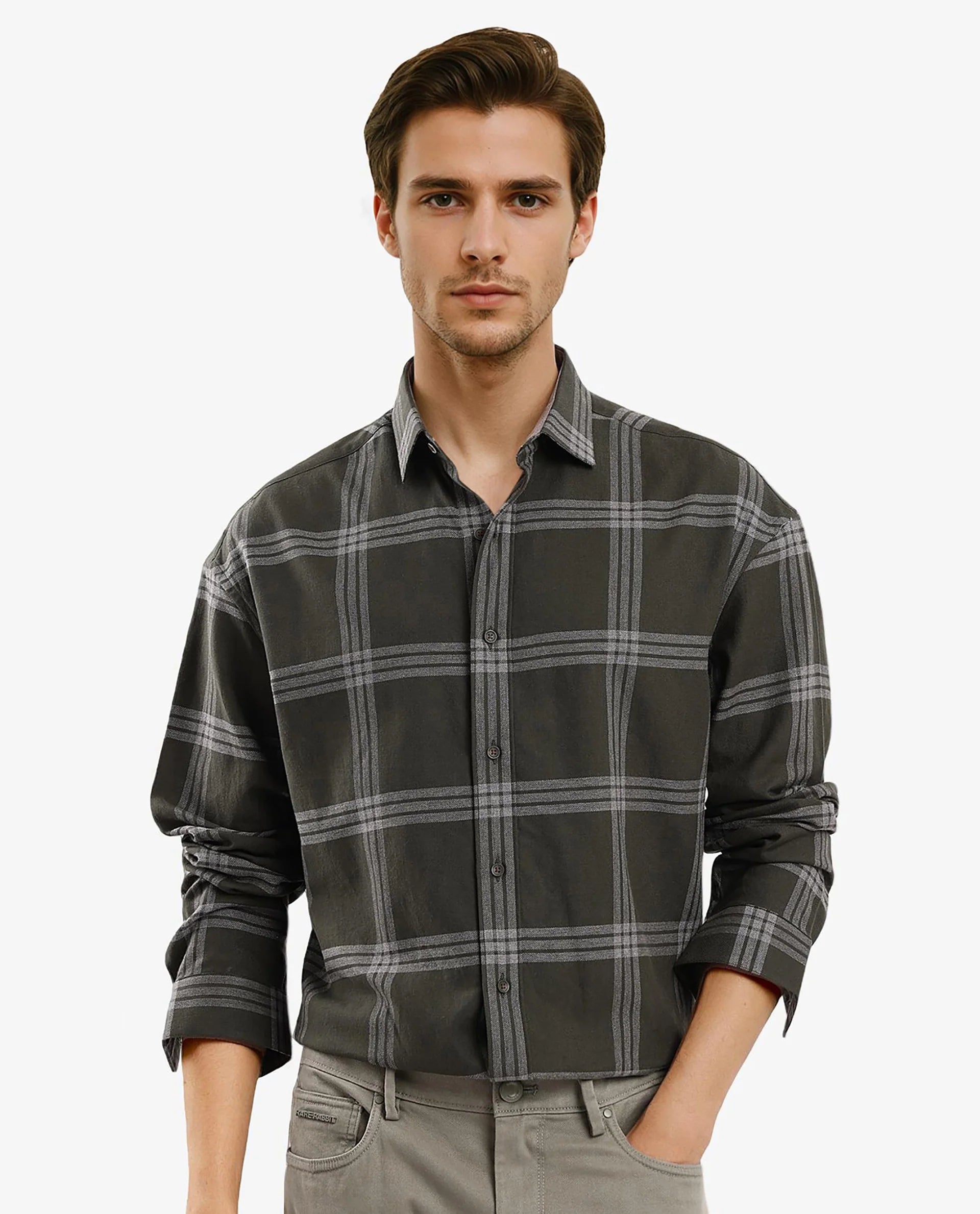 Rare Rabbit Men Russ Dark Green Full Sleeve Regular Collar Button Closure Regular Fit Checks Shirt