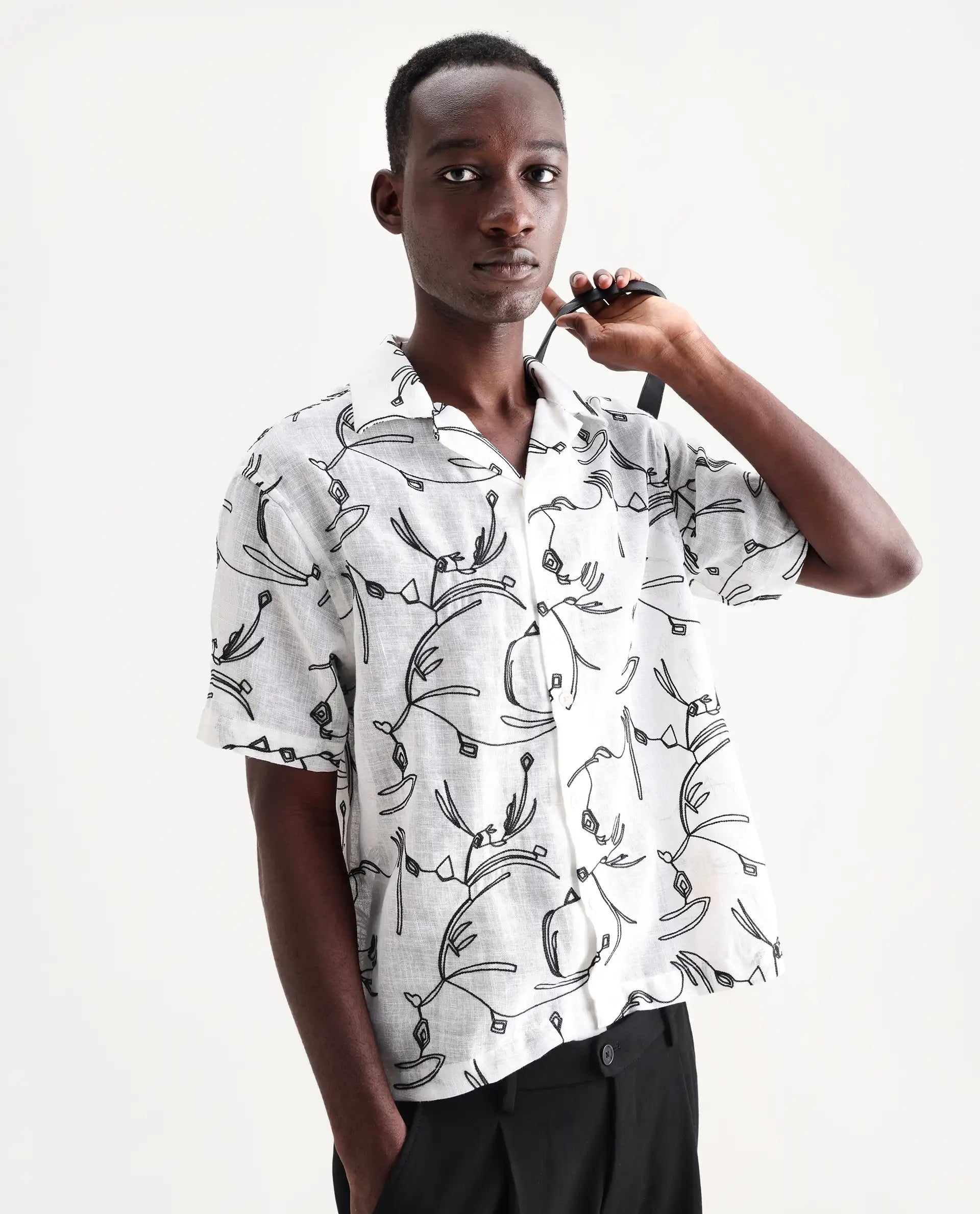 Rare Rabbit Men's Rus White Cotton Embroidered Boxy Fit Half Sleeve Cuban Collar Shirt