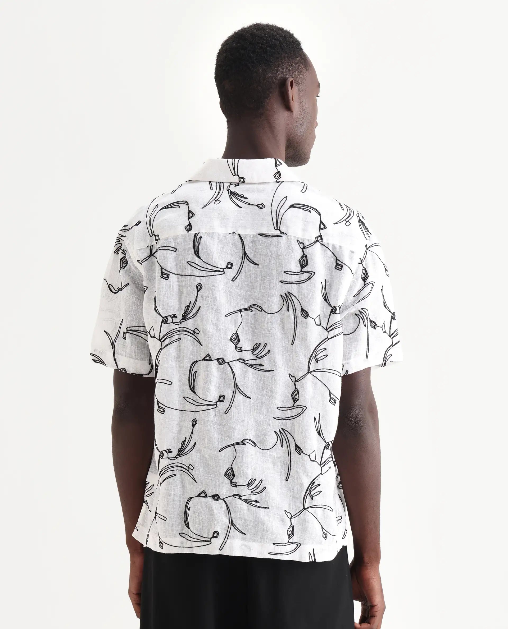 Rare Rabbit Men's Rus White Cotton Embroidered Boxy Fit Half Sleeve Cuban Collar Shirt