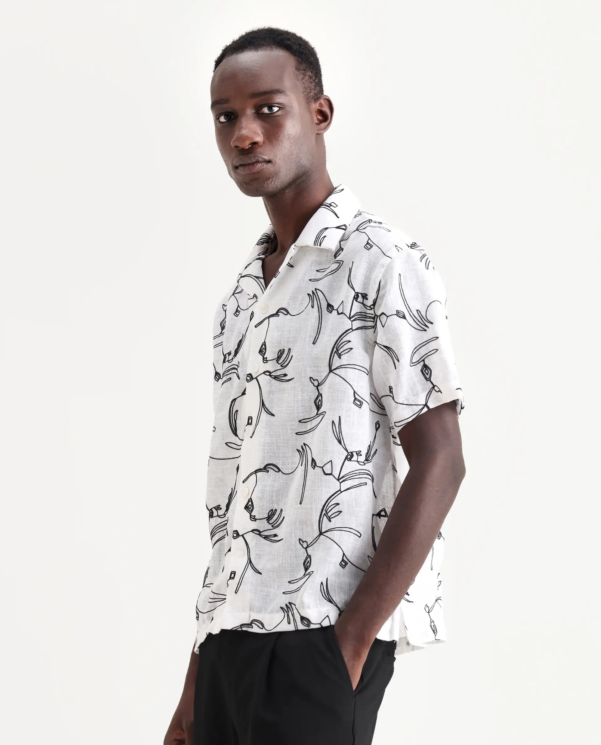 Rare Rabbit Men's Rus White Cotton Embroidered Boxy Fit Half Sleeve Cuban Collar Shirt