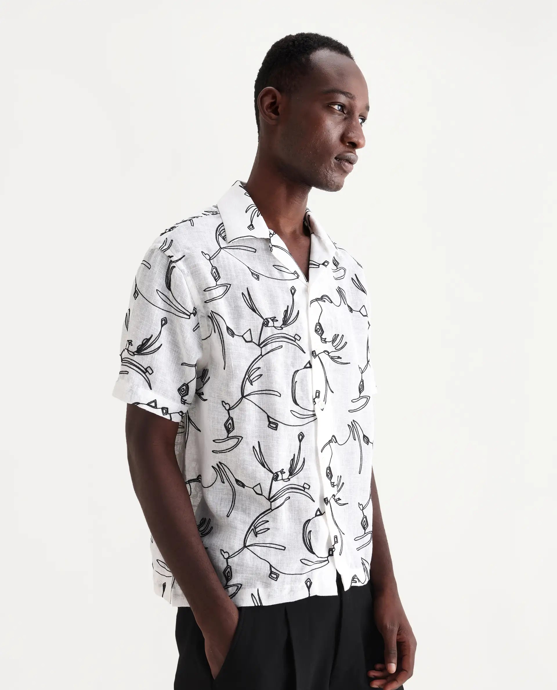 Rare Rabbit Men's Rus White Cotton Embroidered Boxy Fit Half Sleeve Cuban Collar Shirt