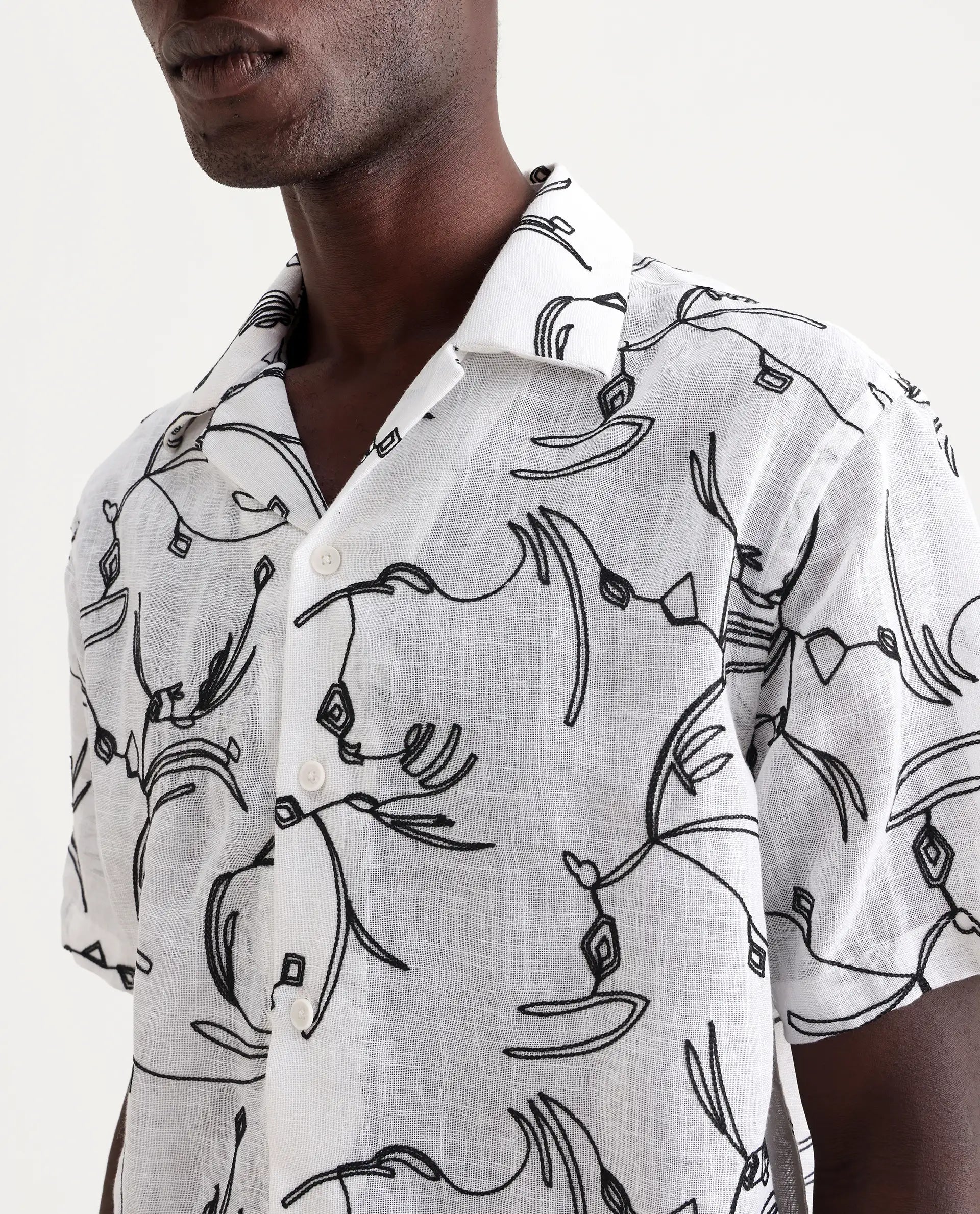 Rare Rabbit Men's Rus White Cotton Embroidered Boxy Fit Half Sleeve Cuban Collar Shirt