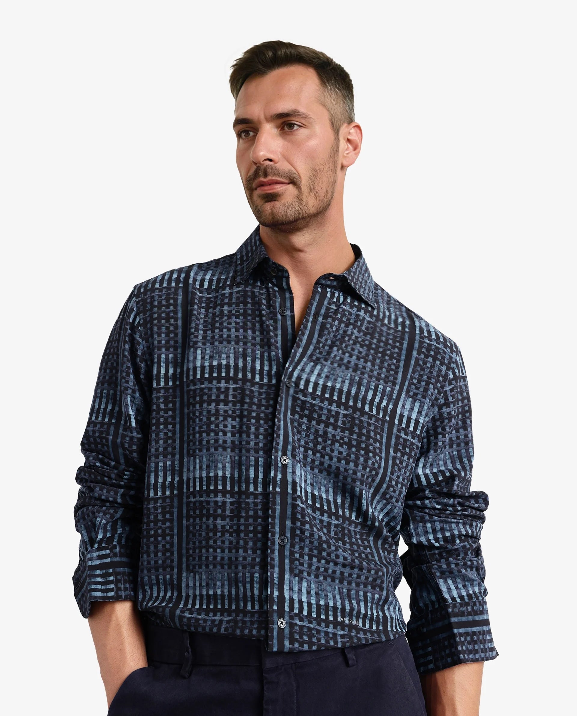 Rare Rabbit Men Ryba Blue Full Sleeve Collared Neck Button Closure Geometric Print Shirt