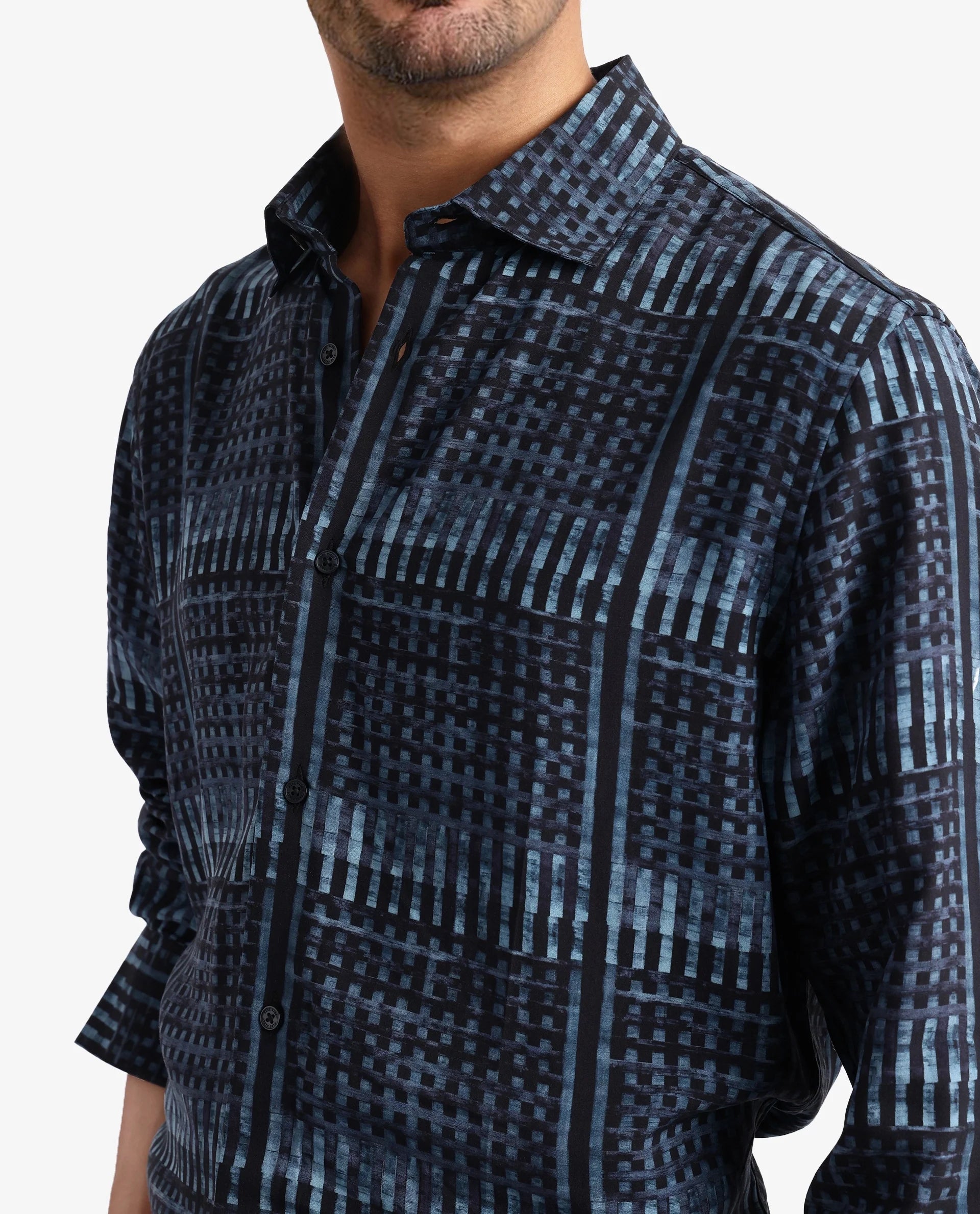 Rare Rabbit Men Ryba Blue Full Sleeve Collared Neck Button Closure Geometric Print Shirt