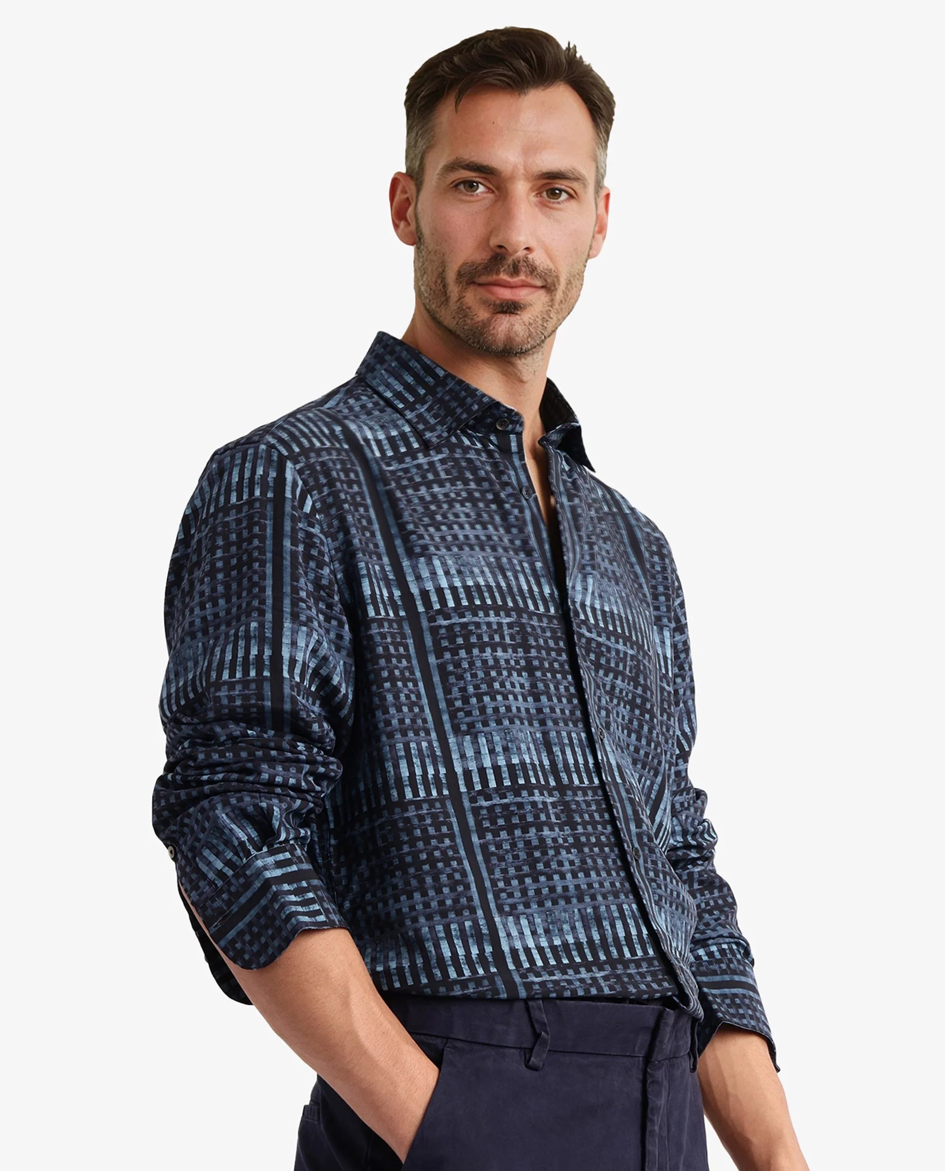 Rare Rabbit Men Ryba Blue Full Sleeve Collared Neck Button Closure Geometric Print Shirt