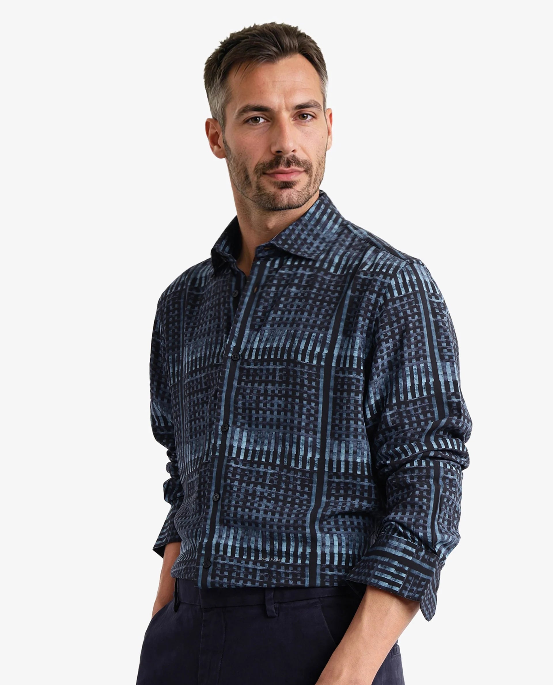 Rare Rabbit Men Ryba Blue Full Sleeve Collared Neck Button Closure Geometric Print Shirt