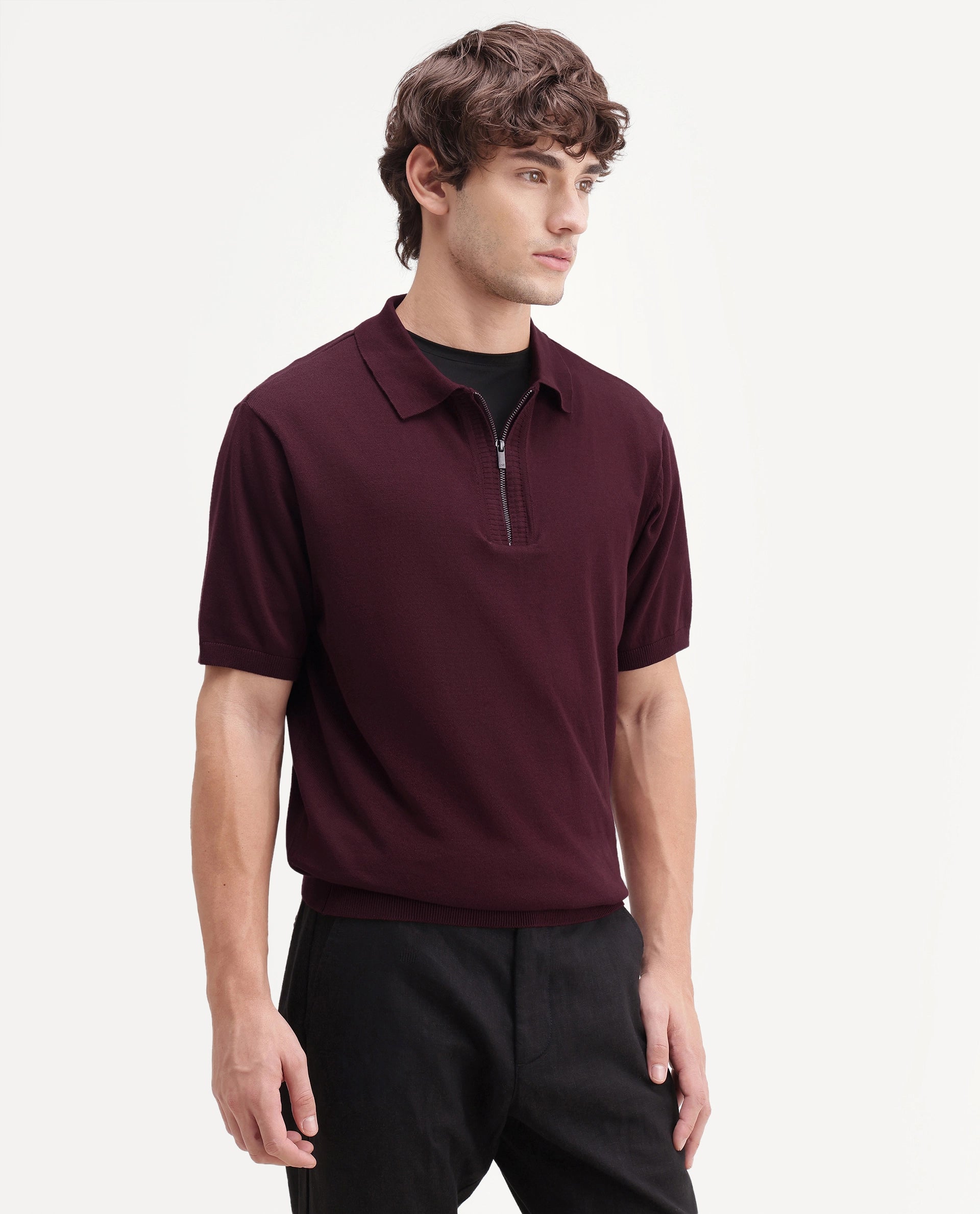 Rare Rabbit Men's Ryd Maroon Cotton Plain Regular Fit Half Sleeve Polo