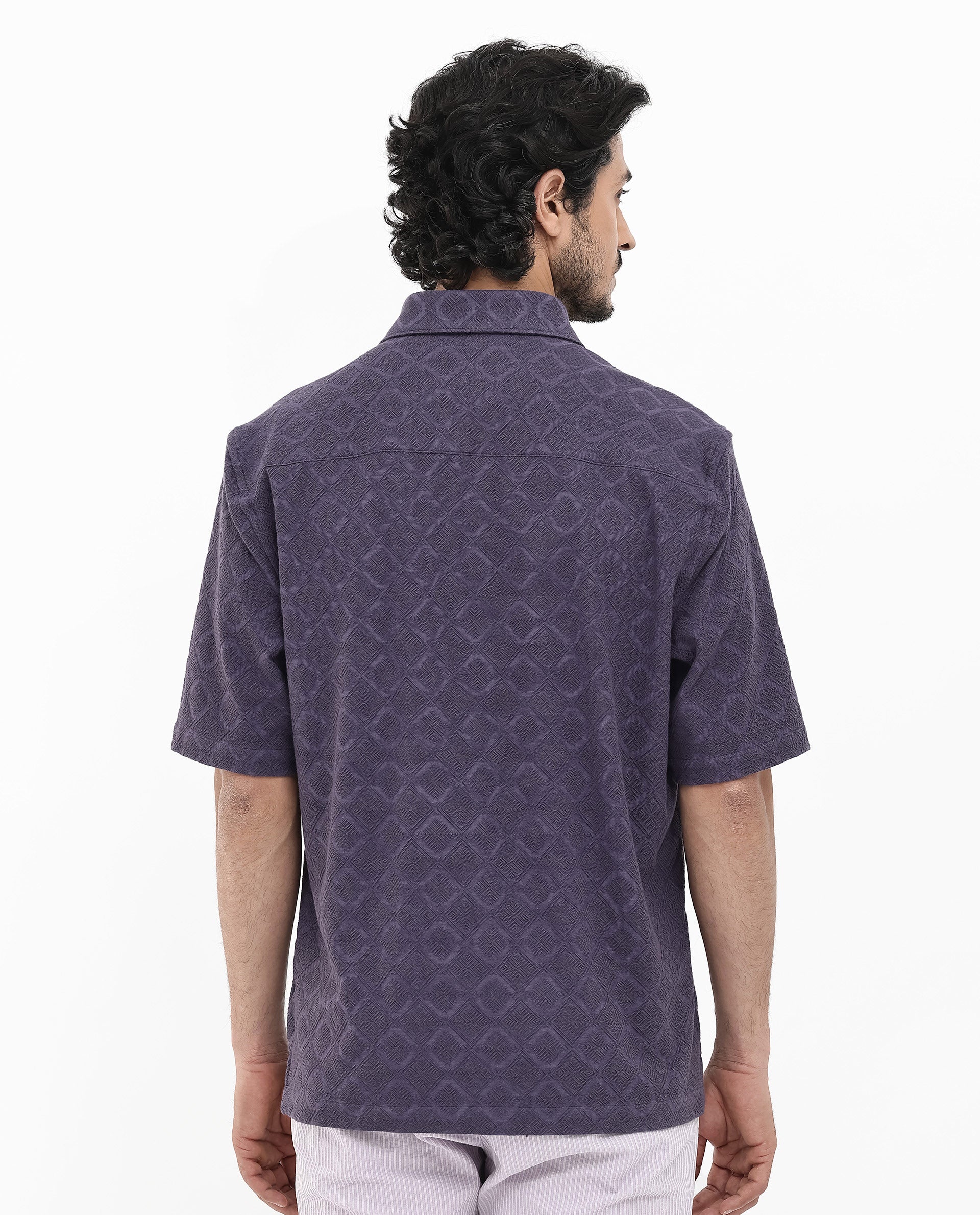 Rare Rabbit Mens Ryker Dusky Purple Cotton Polyester Fabric Blend Short Sleeve Boxy Fit Jacquard Shirt