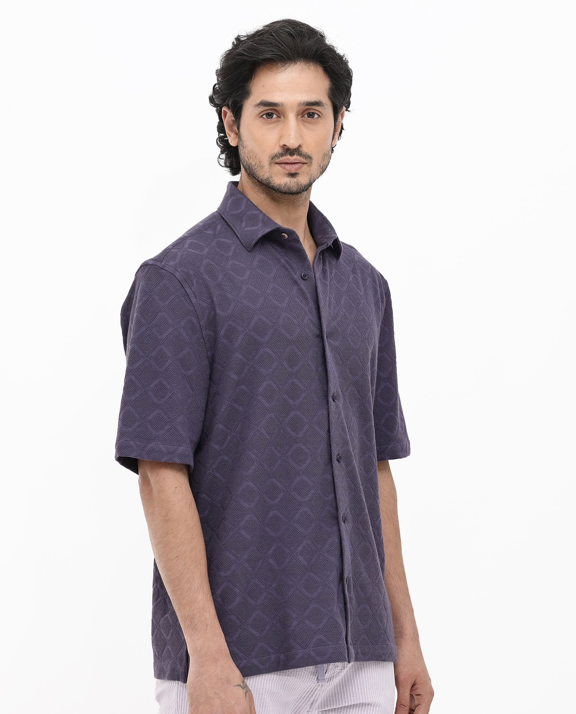 Rare Rabbit Mens Ryker Dusky Purple Cotton Polyester Fabric Blend Short Sleeve Boxy Fit Jacquard Shirt