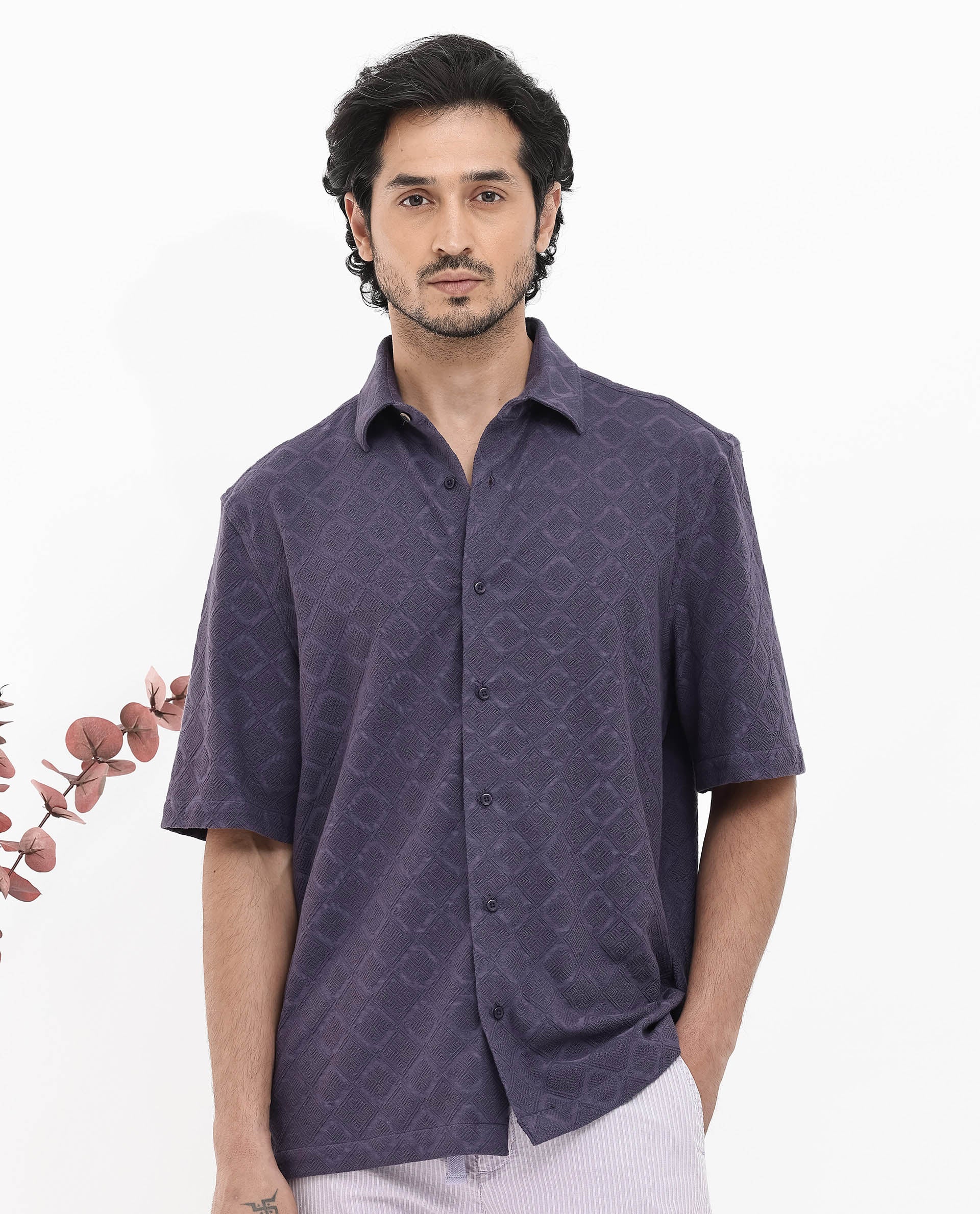 Rare Rabbit Mens Ryker Dusky Purple Cotton Polyester Fabric Blend Short Sleeve Boxy Fit Jacquard Shirt