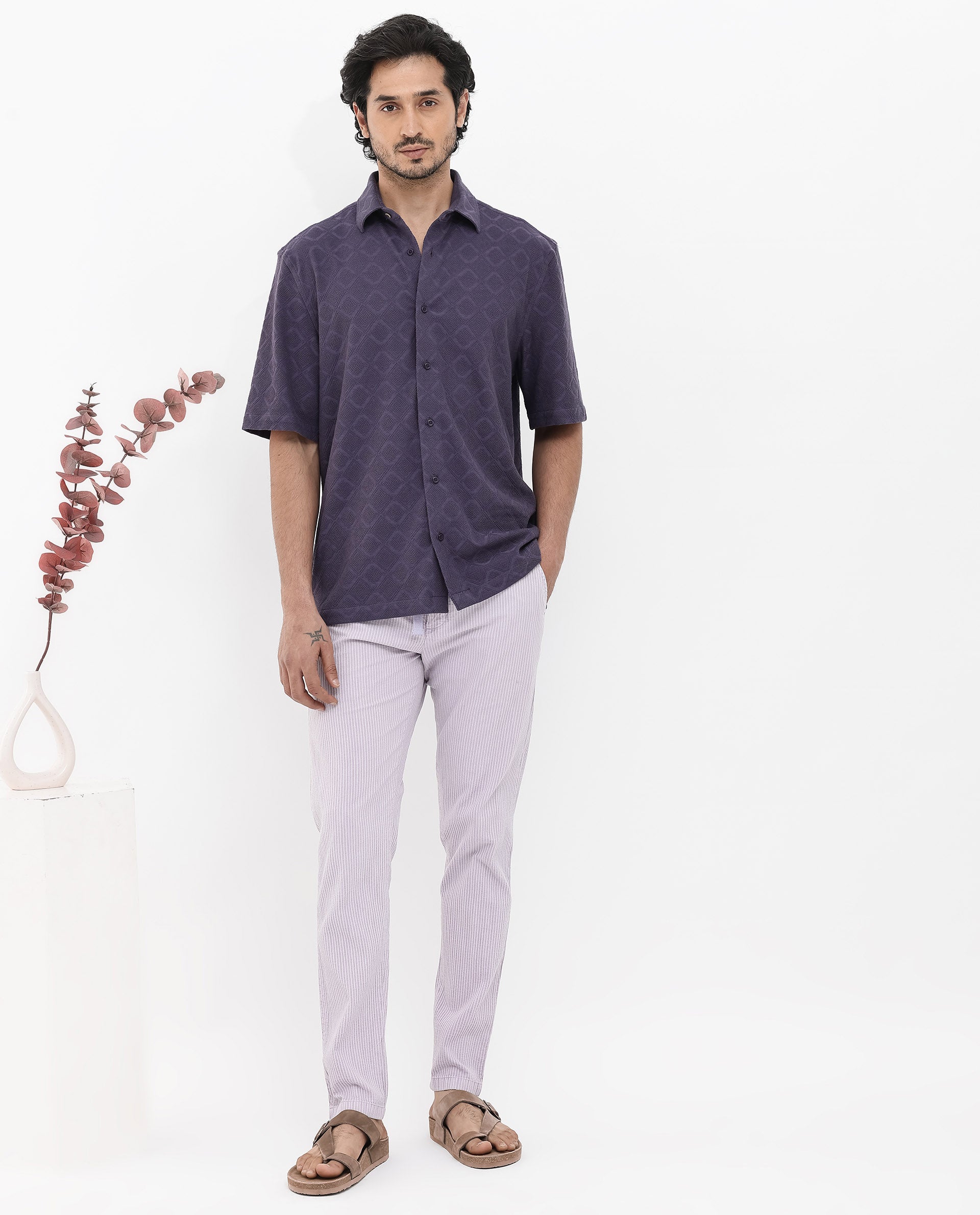 Rare Rabbit Mens Ryker Dusky Purple Cotton Polyester Fabric Blend Short Sleeve Boxy Fit Jacquard Shirt