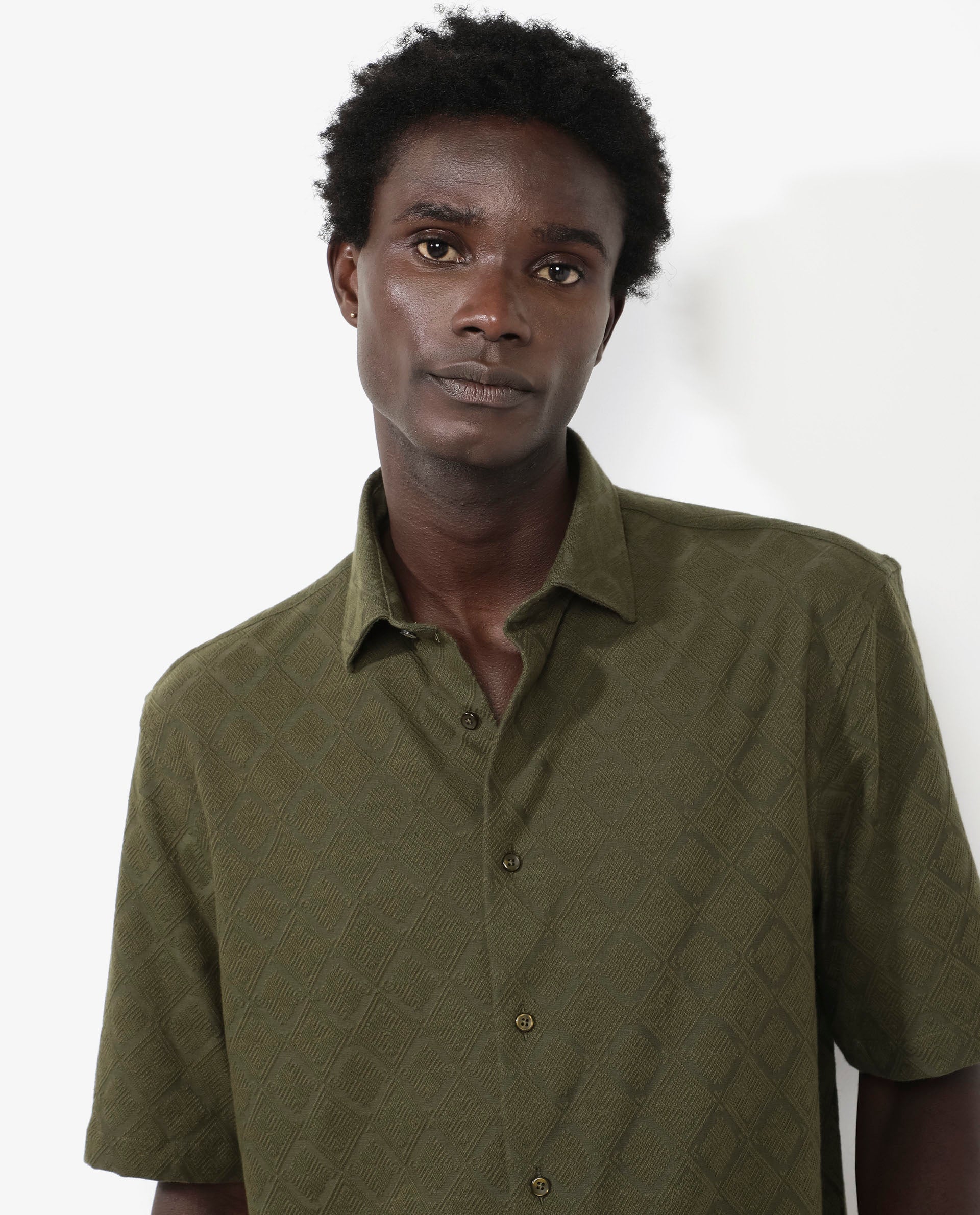Rare Rabbit Mens Ryker Olive Cotton Polyester Fabric Blend Short Sleeve Boxy Fit Jacquard Shirt