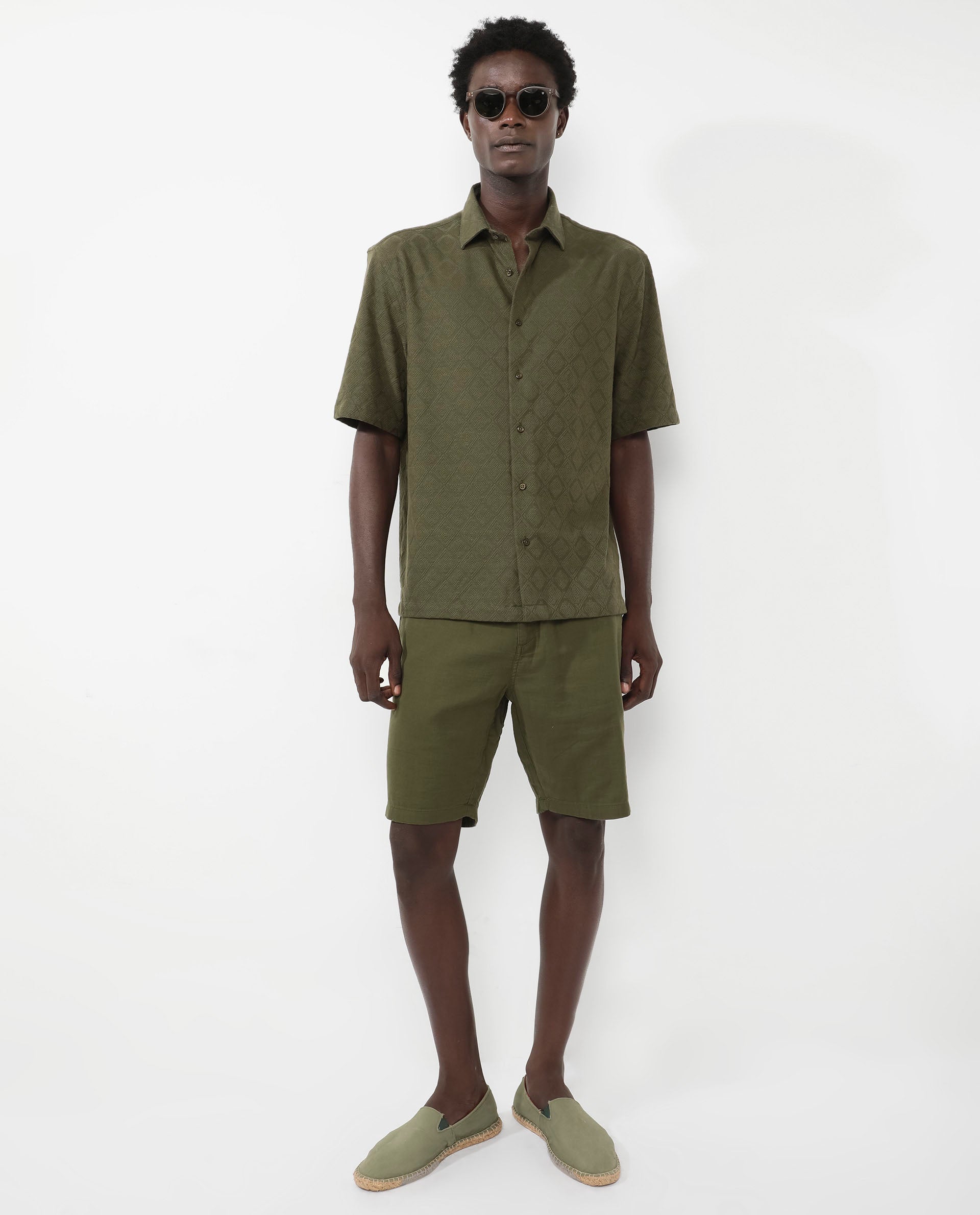 Rare Rabbit Mens Ryker Olive Cotton Polyester Fabric Blend Short Sleeve Boxy Fit Jacquard Shirt