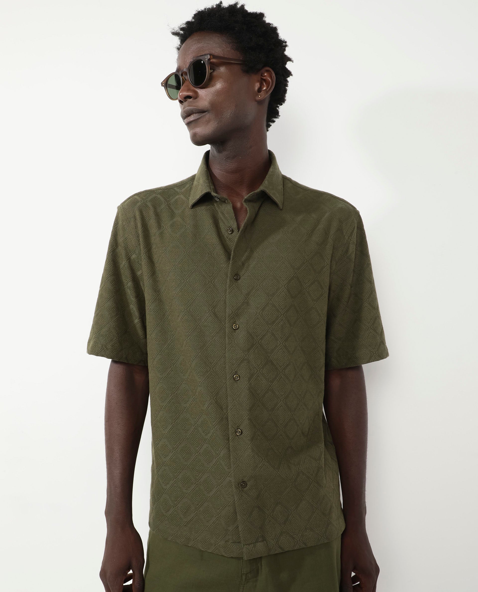 Rare Rabbit Mens Ryker Olive Cotton Polyester Fabric Blend Short Sleeve Boxy Fit Jacquard Shirt