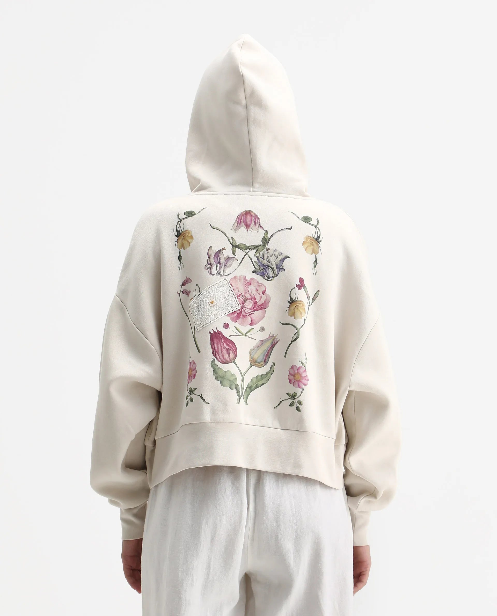 Rareism Women's Slio Light Beige Cotton Blend Hooded Oversize Fit Floral Print Sweatshirt