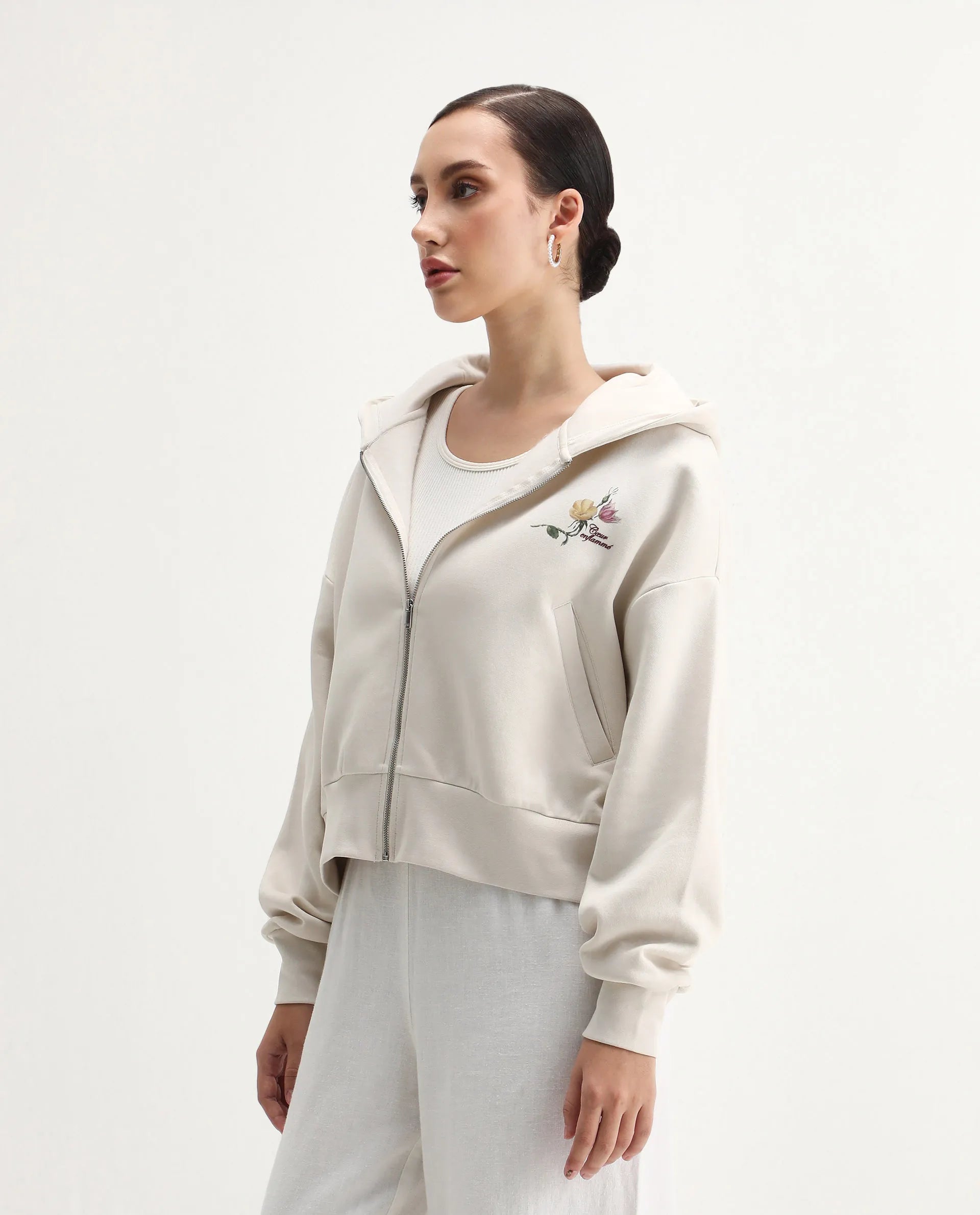 Rareism Women's Slio Light Beige Cotton Blend Hooded Oversize Fit Floral Print Sweatshirt