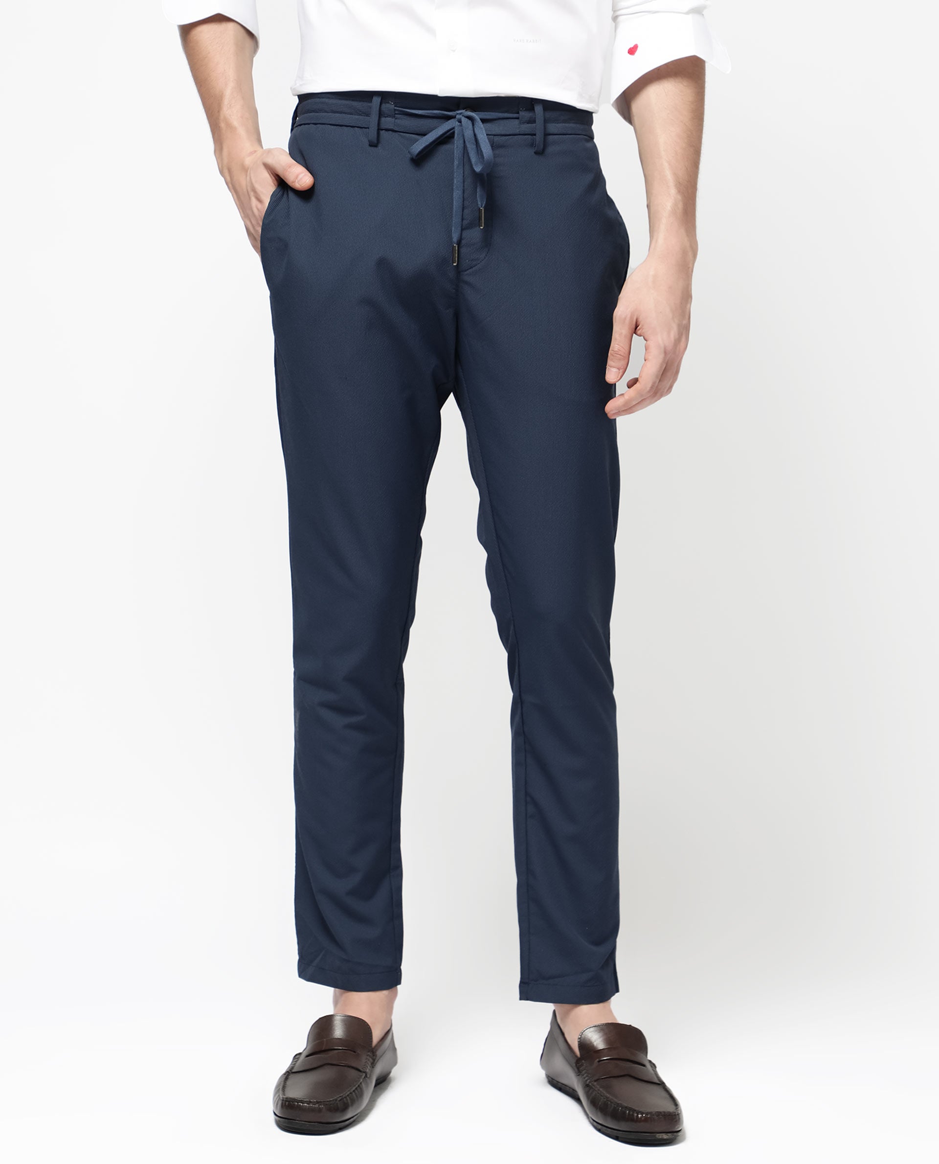 Rare Rabbit Men's Saco Navy Polyester Fabric Regular Fit Drawstring Closure Seersucker Trouser