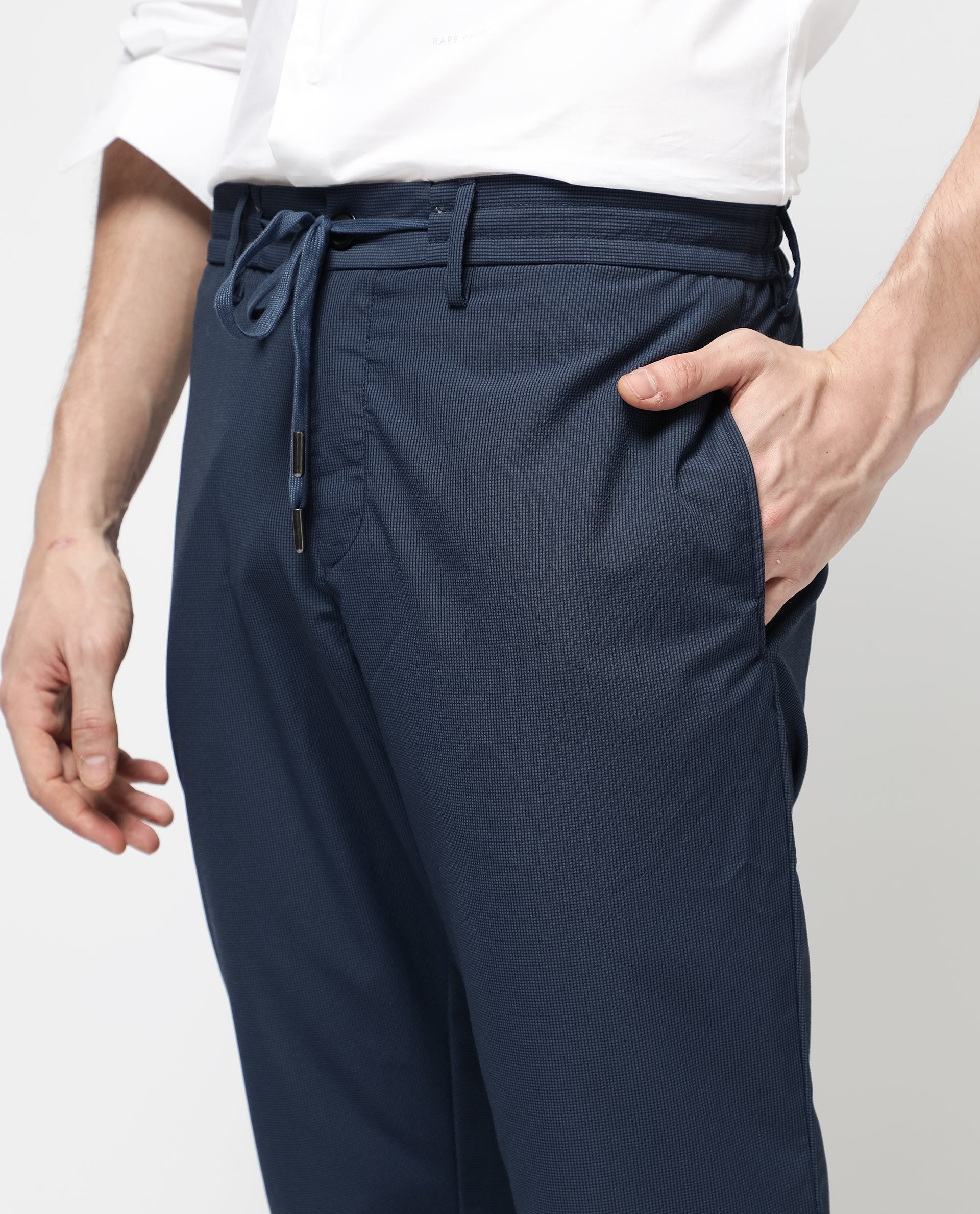 Rare Rabbit Men's Saco Navy Polyester Fabric Regular Fit Drawstring Closure Seersucker Trouser