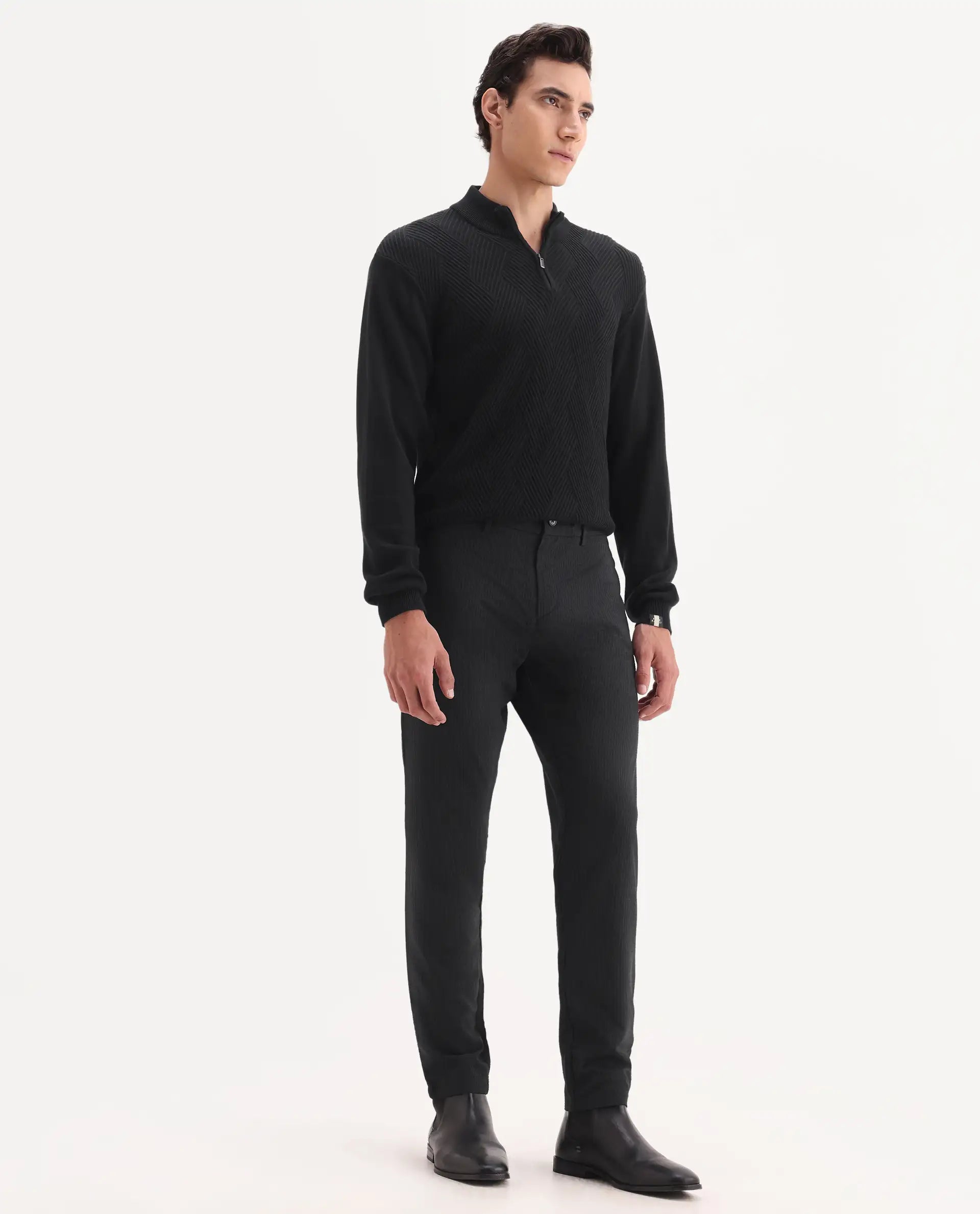 Rare Rabbit Men's Sacon Black Polyester Textured Regular Fit Trouser