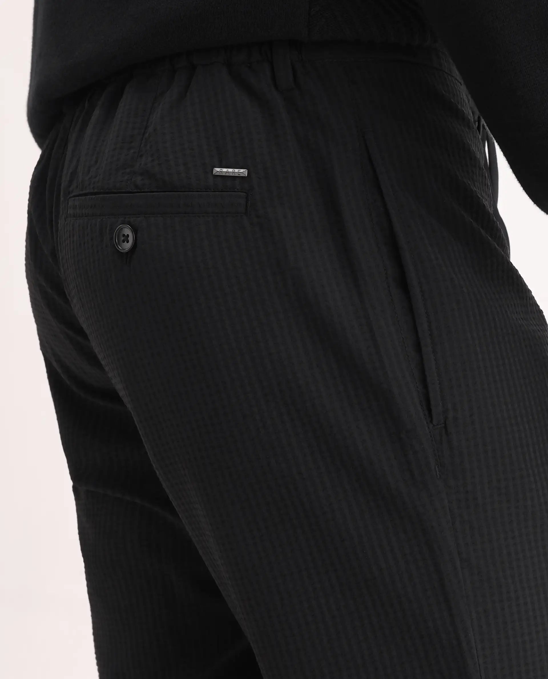 Rare Rabbit Men's Sacon Black Polyester Textured Regular Fit Trouser