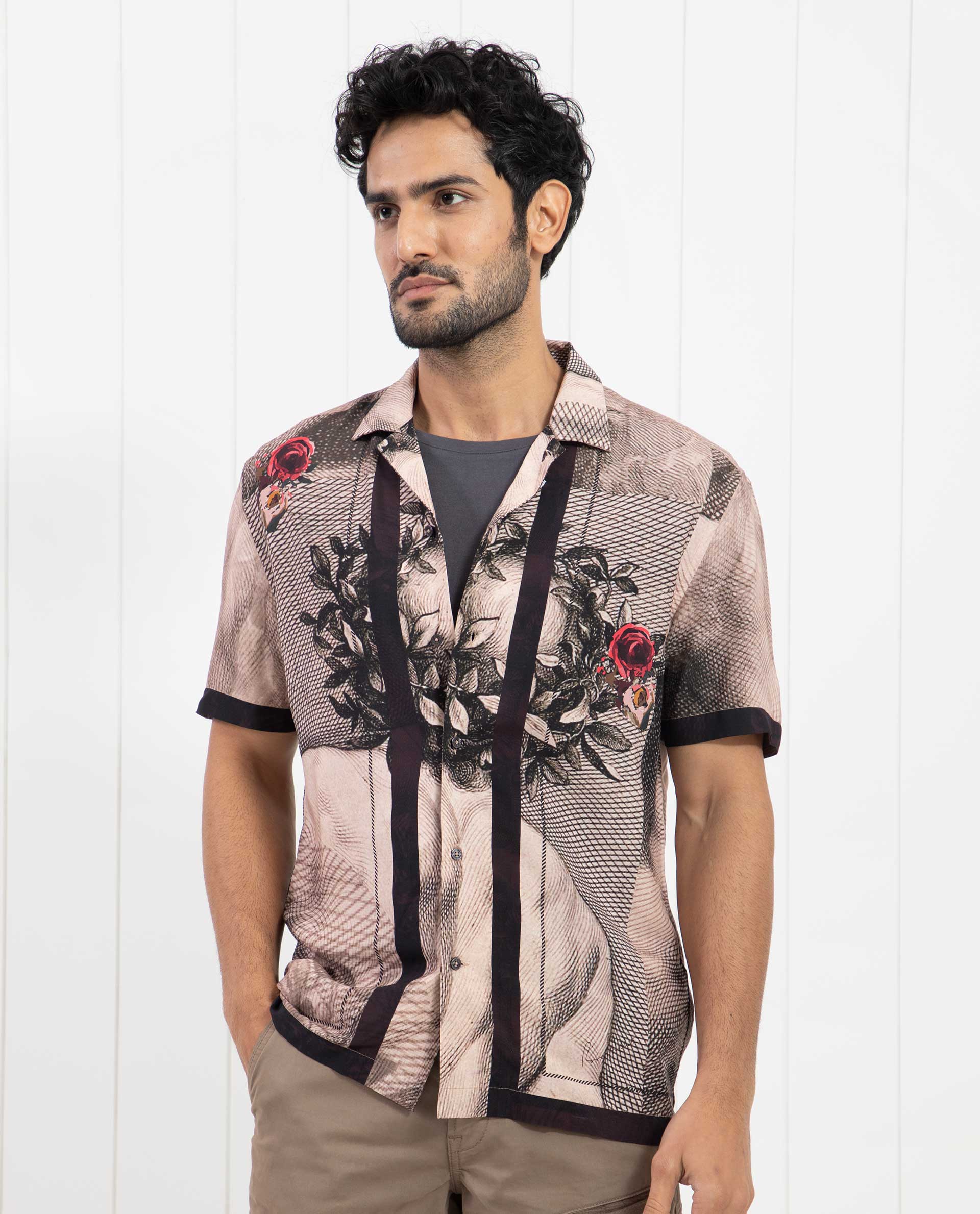 Rare Rabbit Men's Sagua Beige Viscose Fabric Cuban Collar Floral Print Half Sleeves Shirt