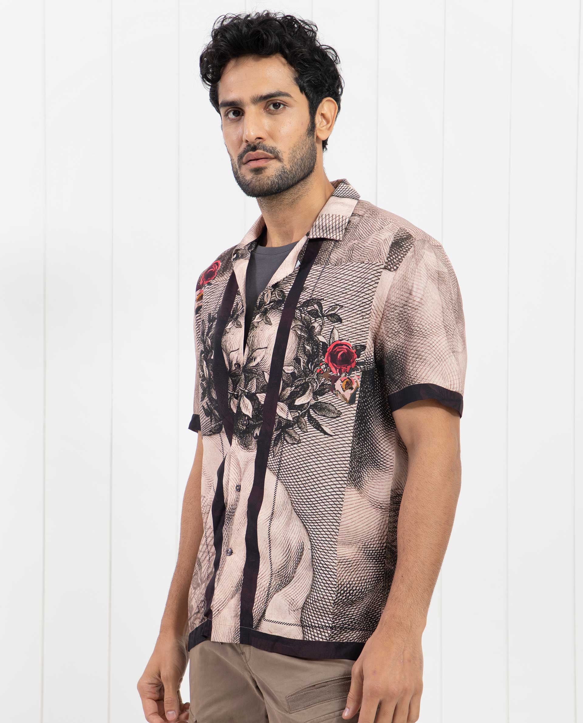 Rare Rabbit Men's Sagua Beige Viscose Fabric Cuban Collar Floral Print Half Sleeves Shirt