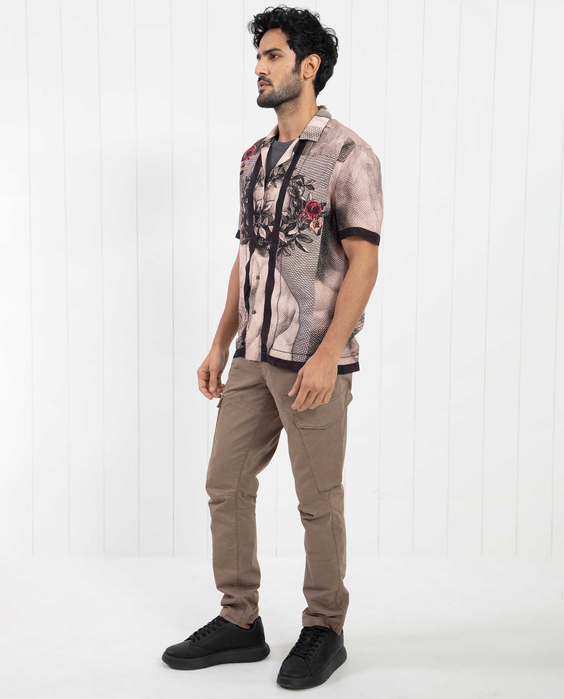 Rare Rabbit Men's Sagua Beige Viscose Fabric Cuban Collar Floral Print Half Sleeves Shirt