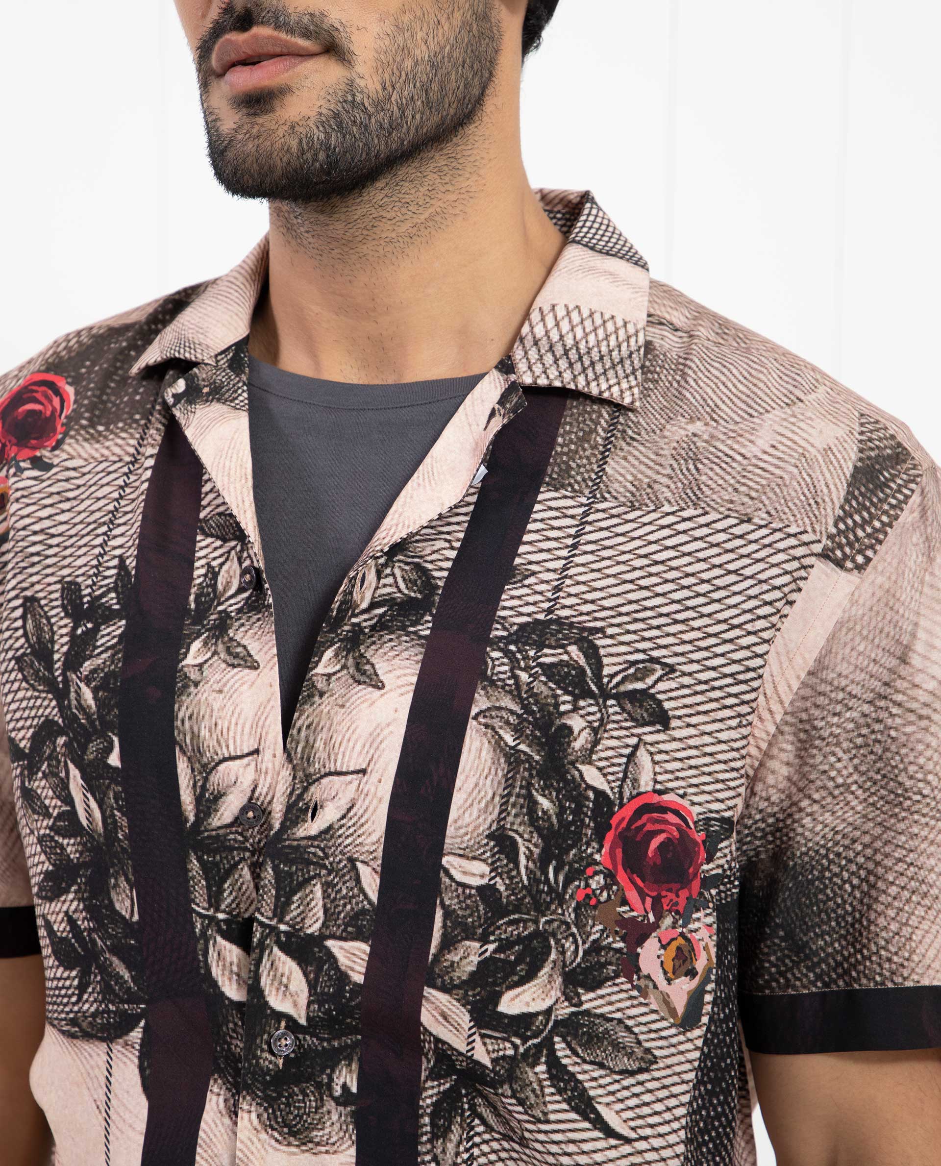 Rare Rabbit Men's Sagua Beige Viscose Fabric Cuban Collar Floral Print Half Sleeves Shirt