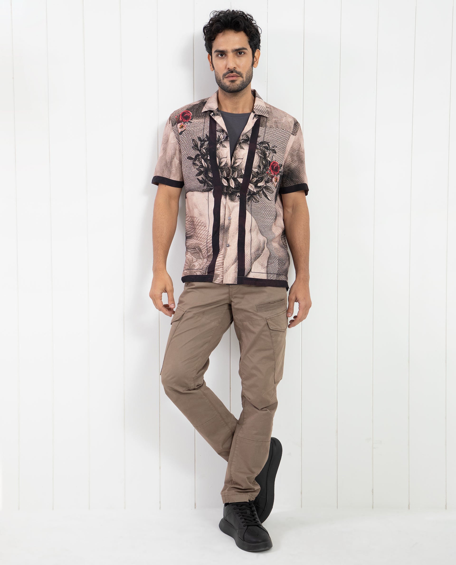 Rare Rabbit Men's Sagua Beige Viscose Fabric Cuban Collar Floral Print Half Sleeves Shirt