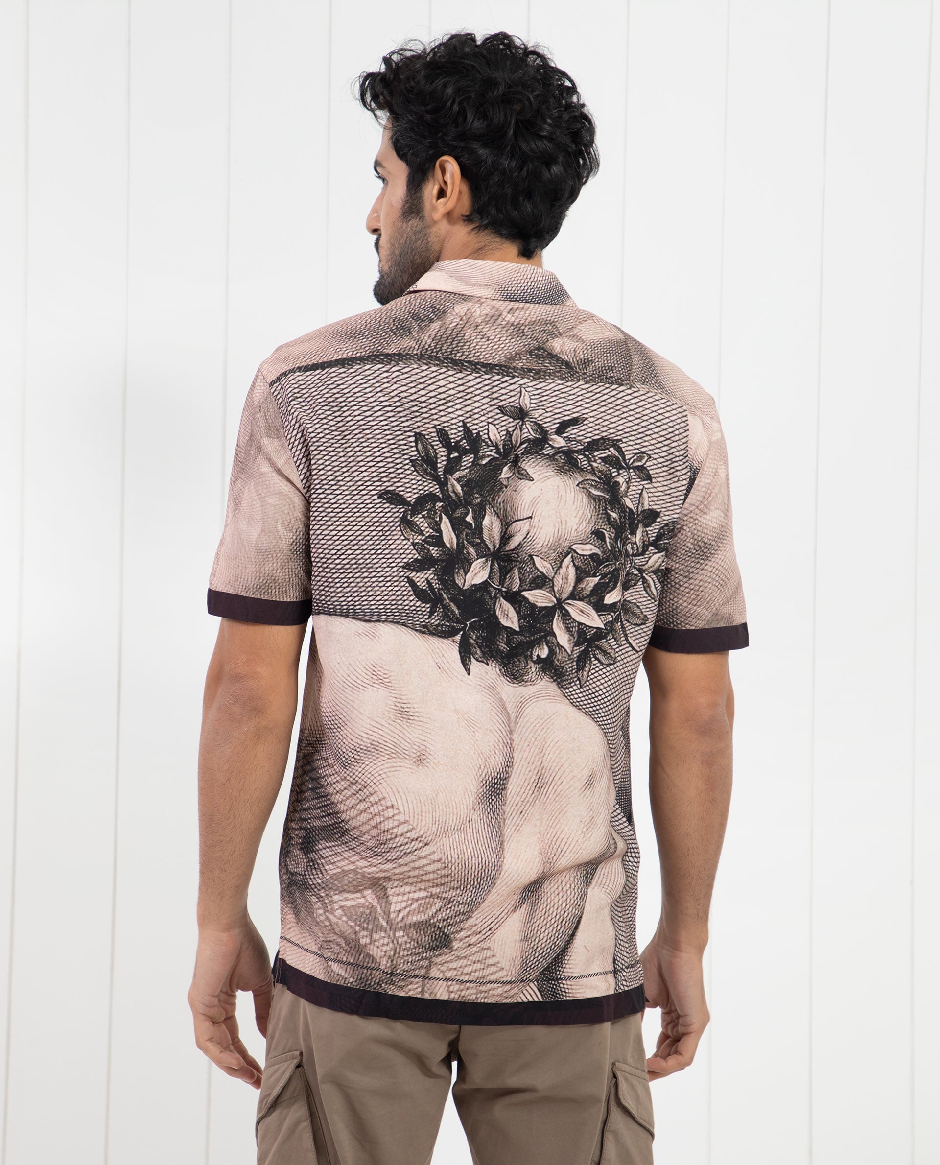 Rare Rabbit Men's Sagua Beige Viscose Fabric Cuban Collar Floral Print Half Sleeves Shirt