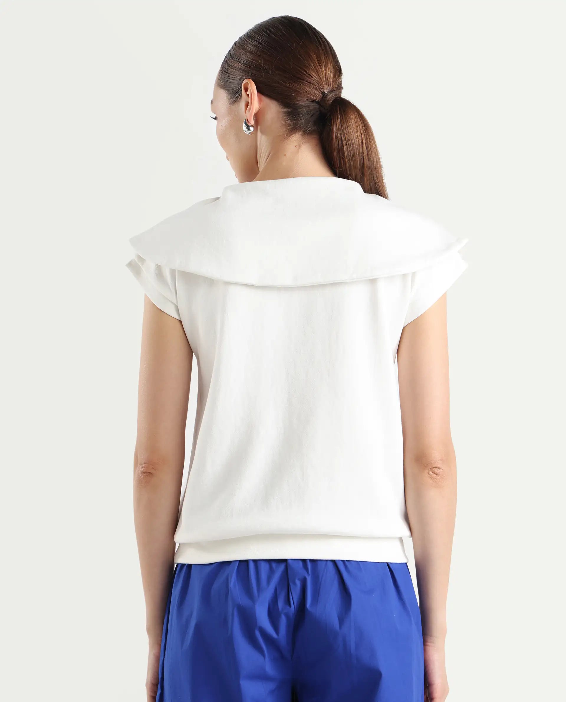 Rareism Women's Sail Off White Cotton Blend Spread Collar Plain Extended Sleeves Relaxed Fit Sweatshirt