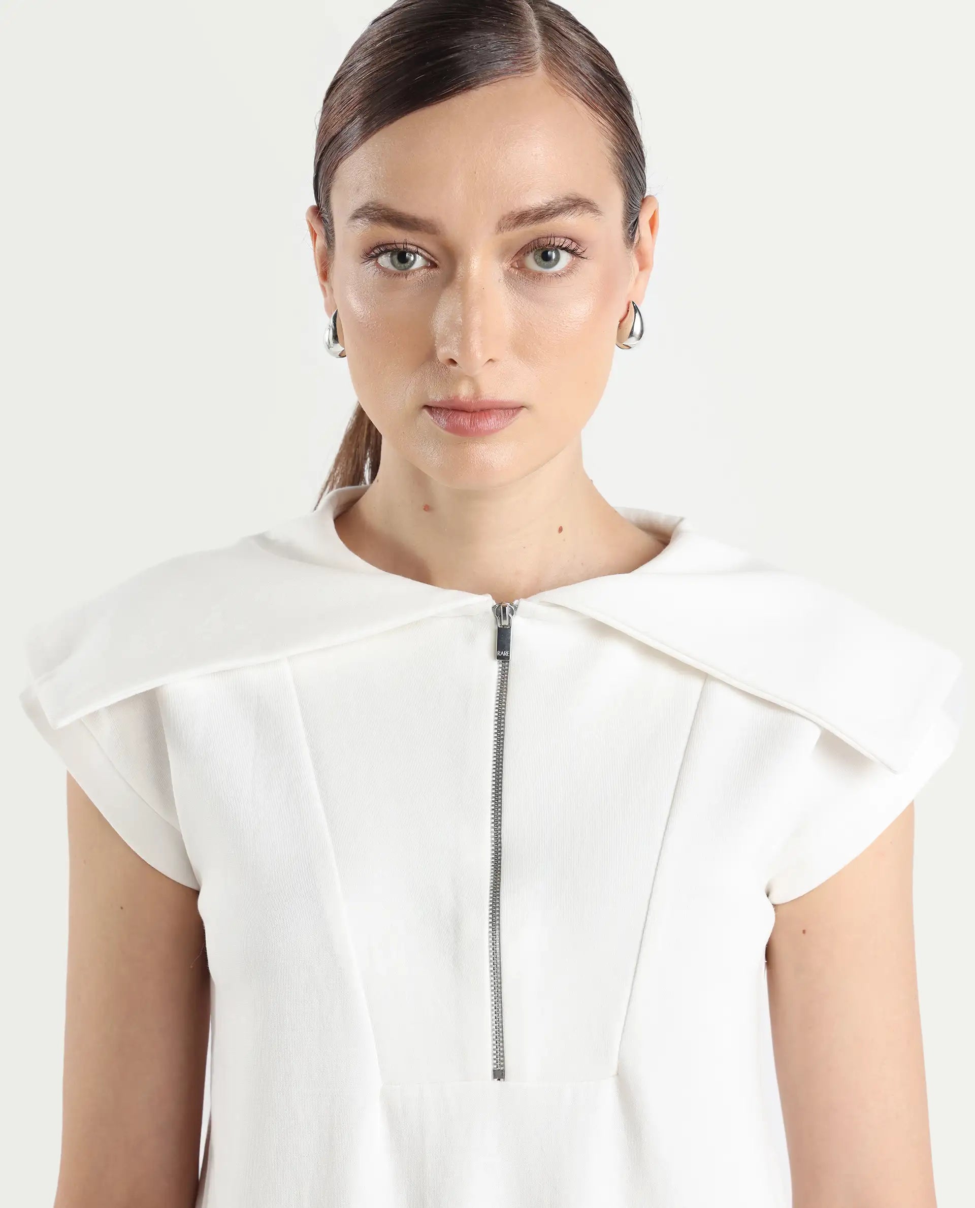 Rareism Women's Sail Off White Cotton Blend Spread Collar Plain Extended Sleeves Relaxed Fit Sweatshirt